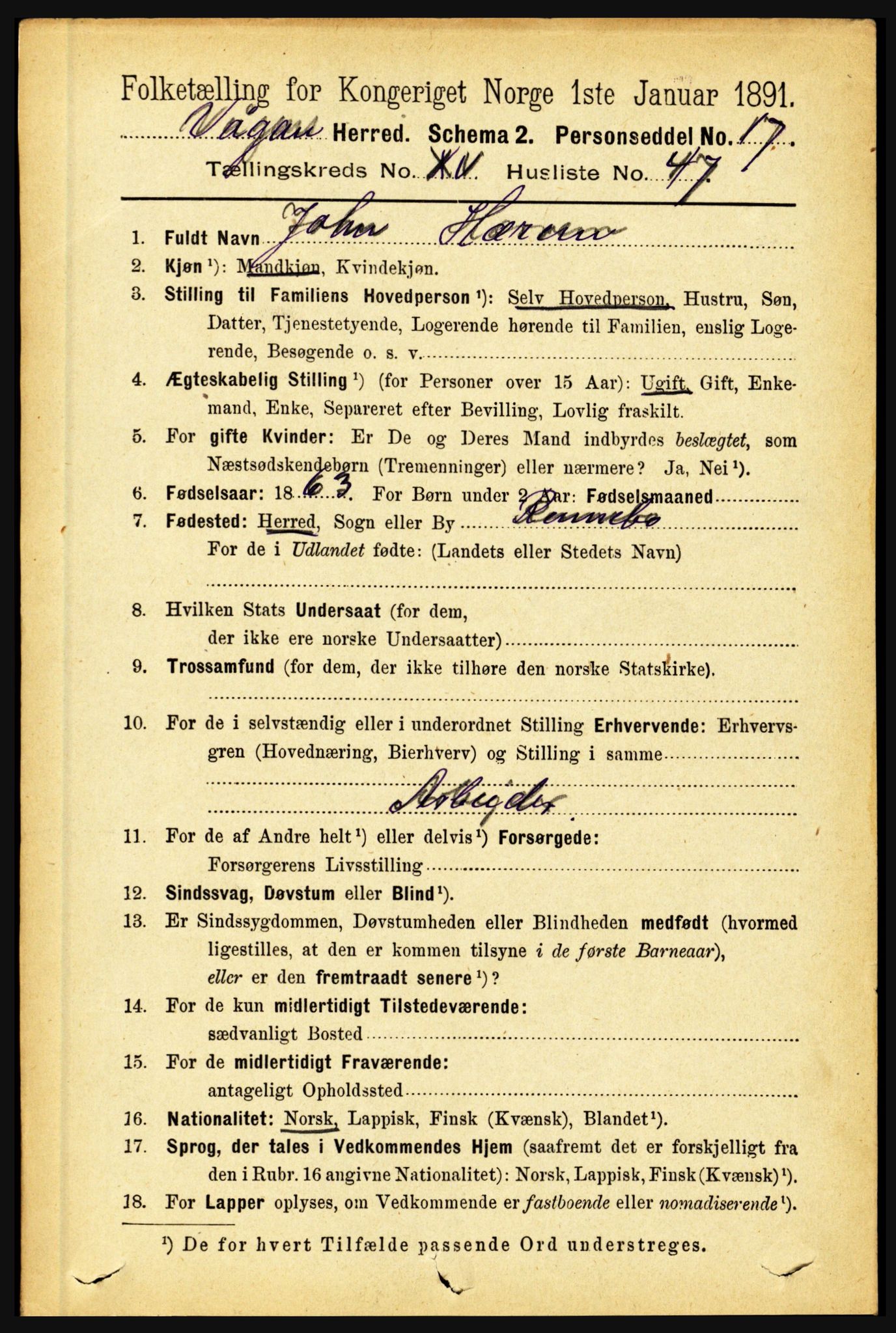 RA, 1891 census for 1865 Vågan, 1891, p. 4504