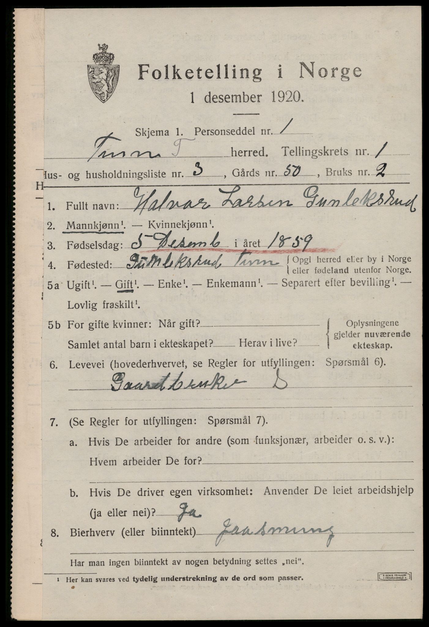 SAKO, 1920 census for Tinn, 1920, p. 2710