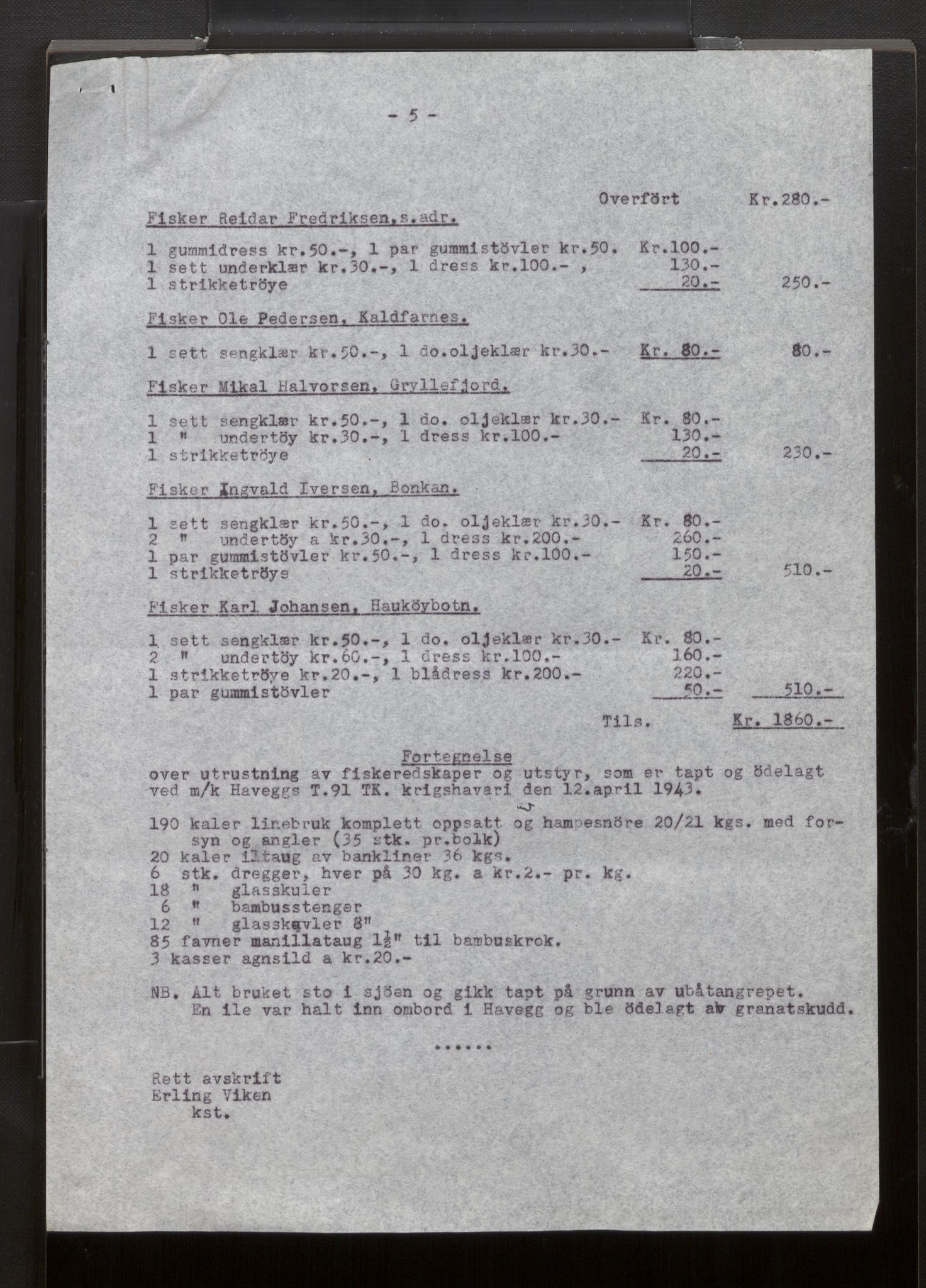 Fiskeridirektoratet - 1 Adm. ledelse - 13 Båtkontoret, AV/SAB-A-2003/La/L0042: Statens krigsforsikring for fiskeflåten, 1936-1971, p. 511