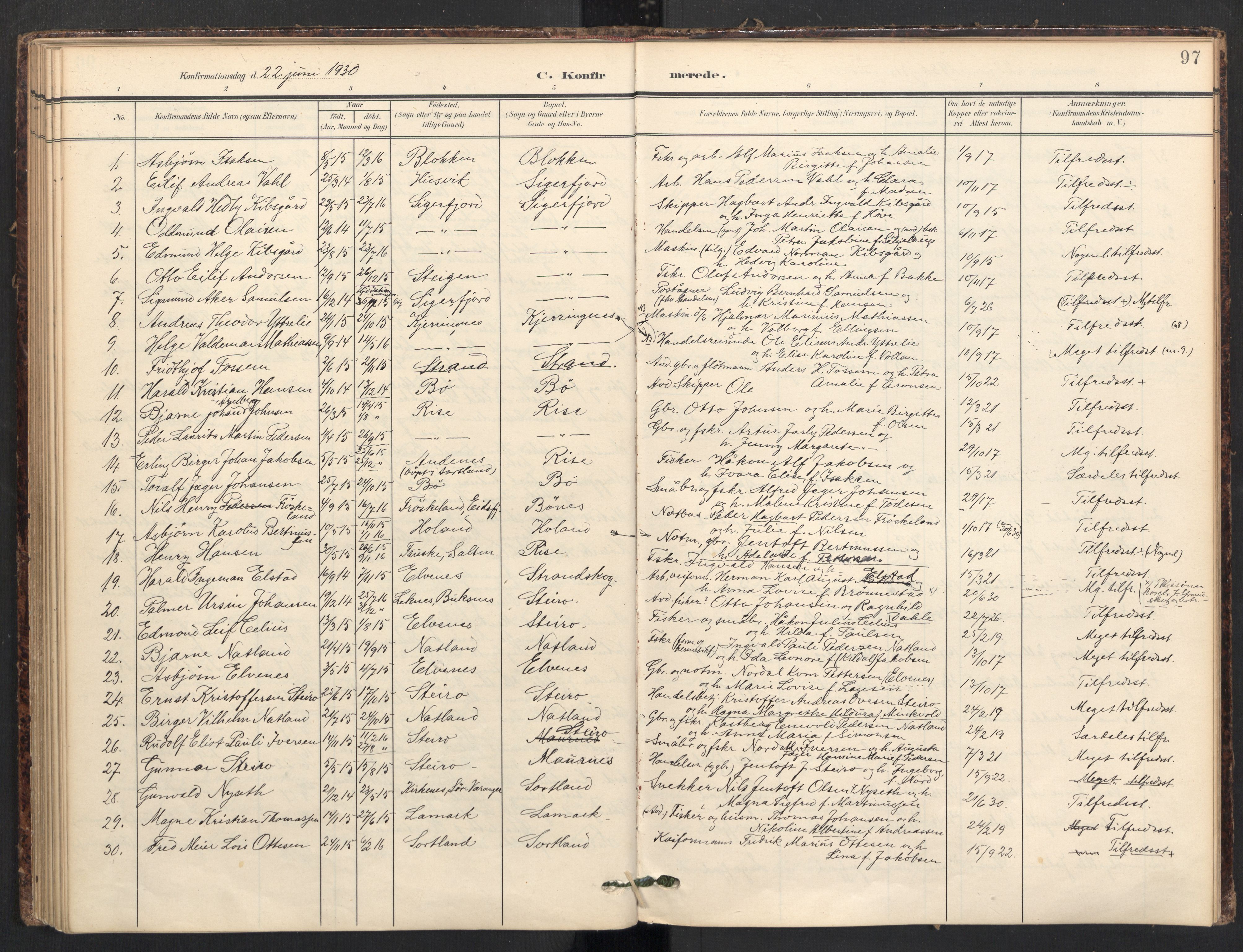 Ministerialprotokoller, klokkerbøker og fødselsregistre - Nordland, SAT/A-1459/895/L1375: Parish register (official) no. 895A10, 1907-1938, p. 97
