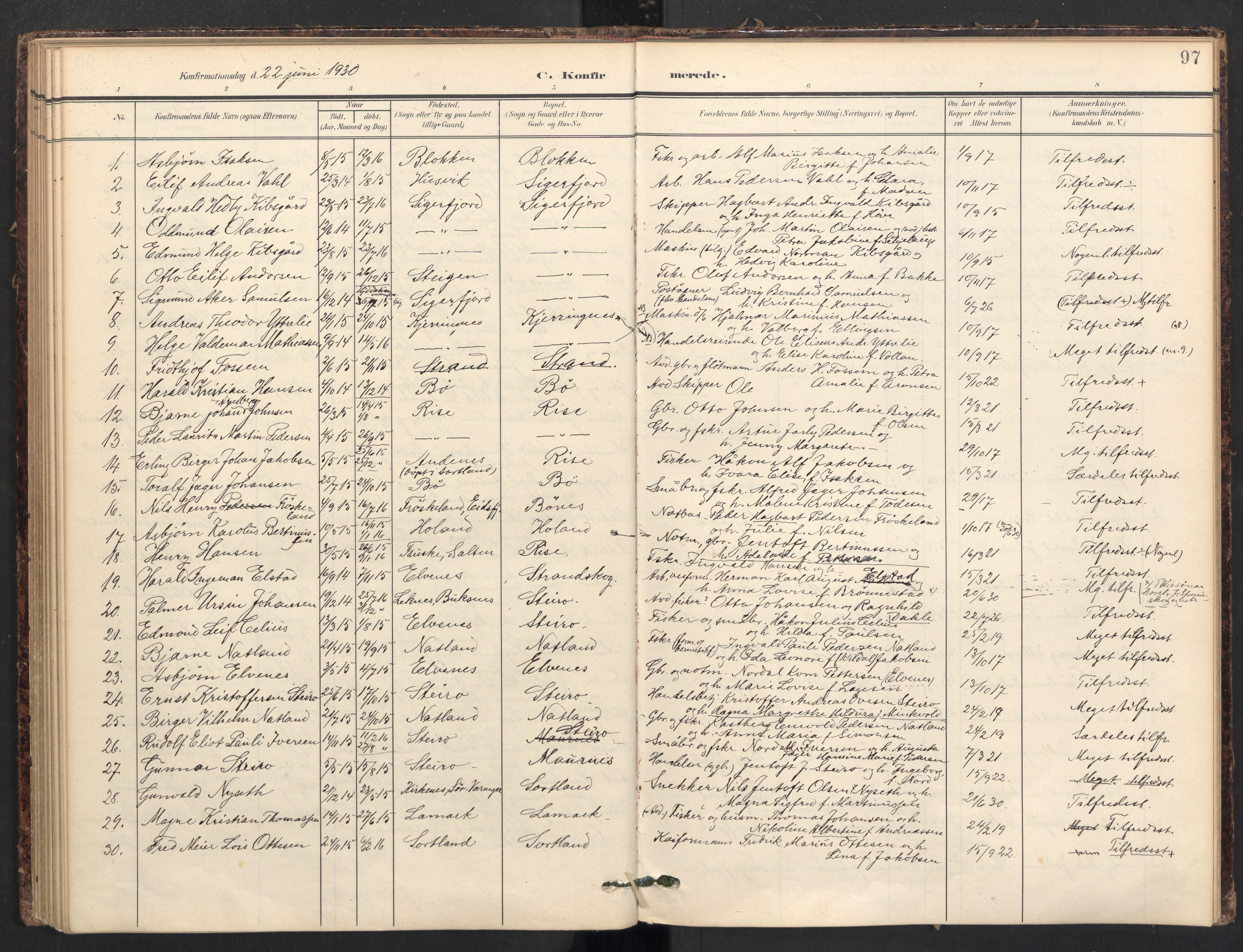 Ministerialprotokoller, klokkerbøker og fødselsregistre - Nordland, AV/SAT-A-1459/895/L1375: Parish register (official) no. 895A10, 1907-1938, p. 97