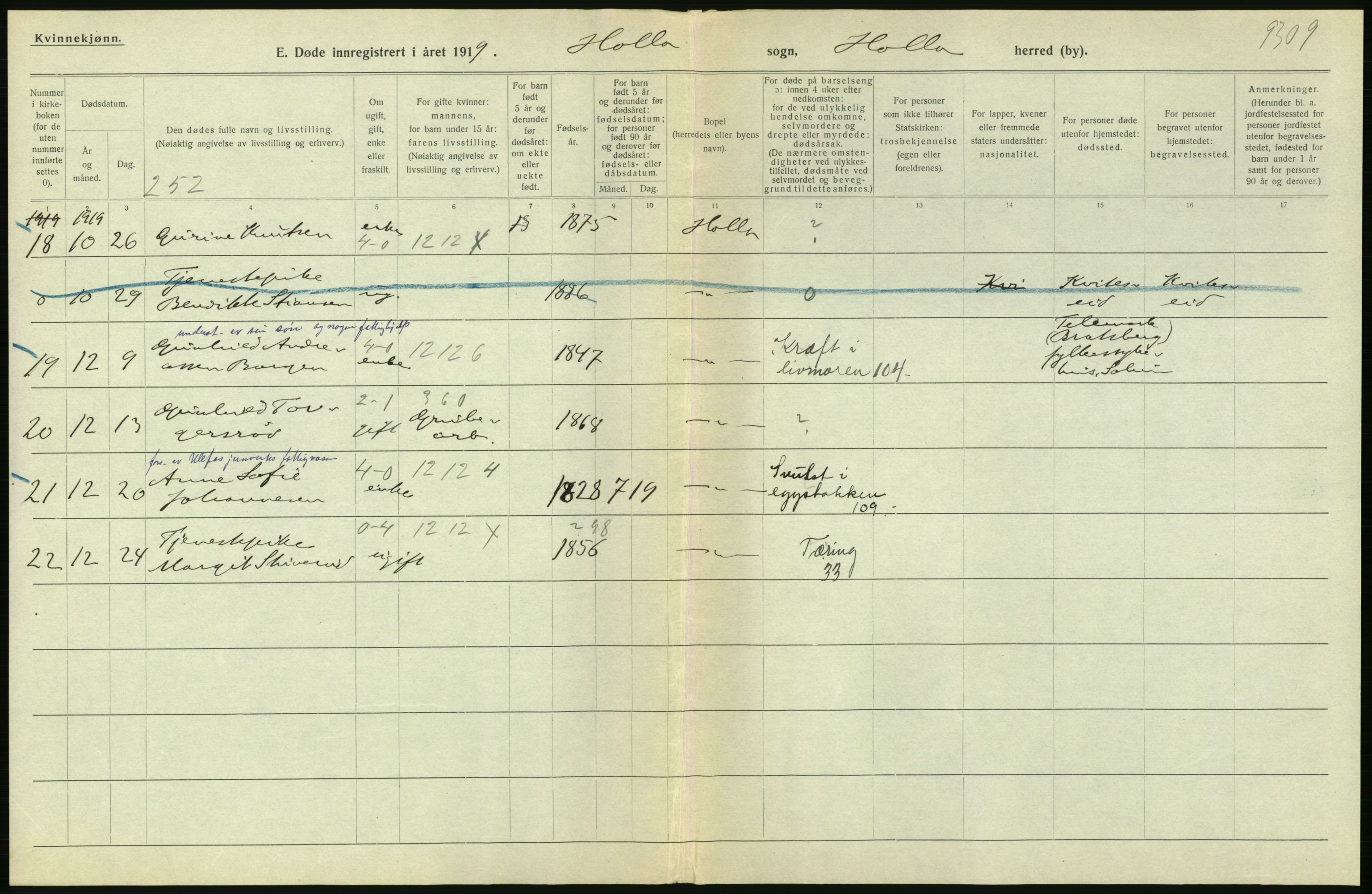 Statistisk sentralbyrå, Sosiodemografiske emner, Befolkning, RA/S-2228/D/Df/Dfb/Dfbi/L0023: Telemark fylke: Døde. Bygder og byer., 1919, p. 248