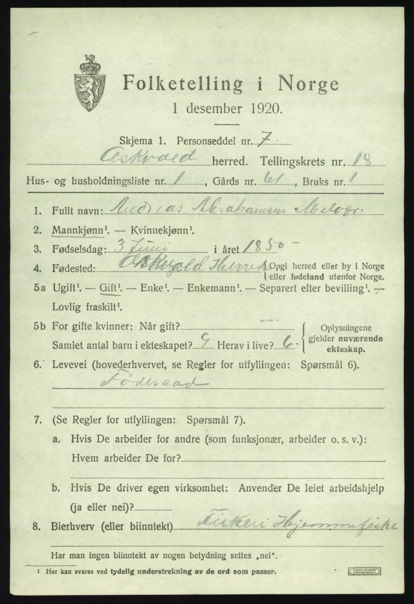 SAB, 1920 census for Askvoll, 1920, p. 6766