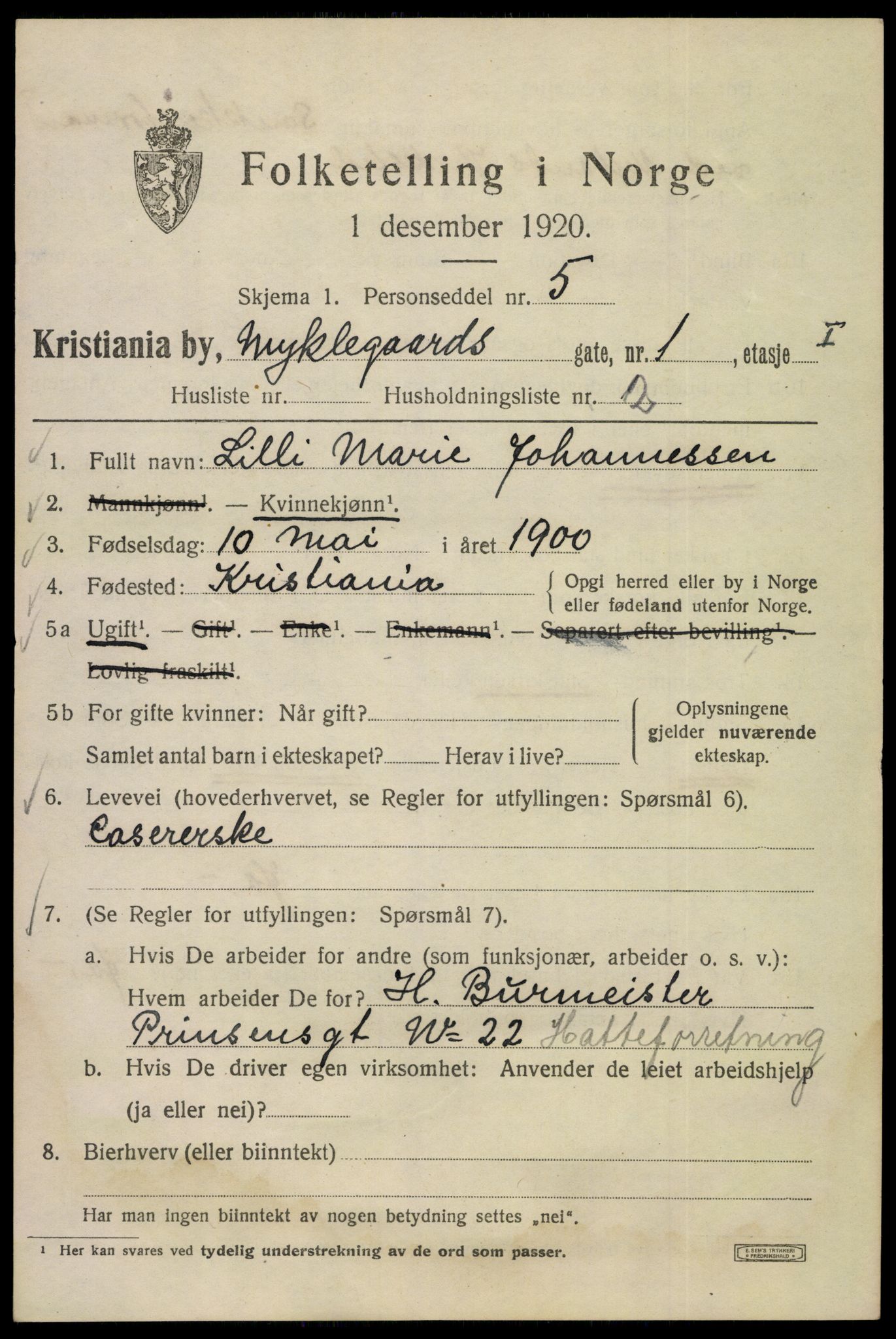 SAO, 1920 census for Kristiania, 1920, p. 405537