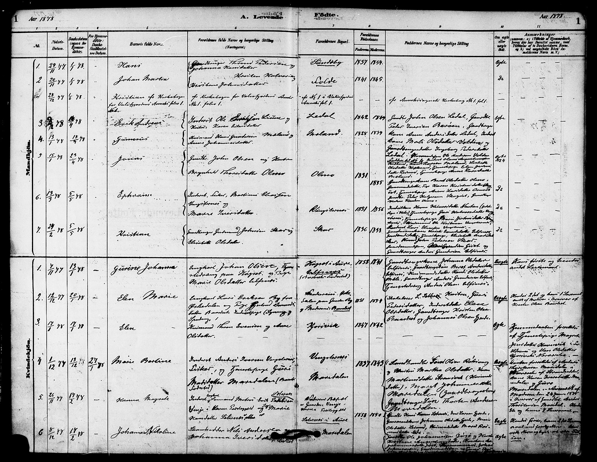 Ministerialprotokoller, klokkerbøker og fødselsregistre - Møre og Romsdal, AV/SAT-A-1454/578/L0906: Parish register (official) no. 578A05, 1878-1886, p. 1