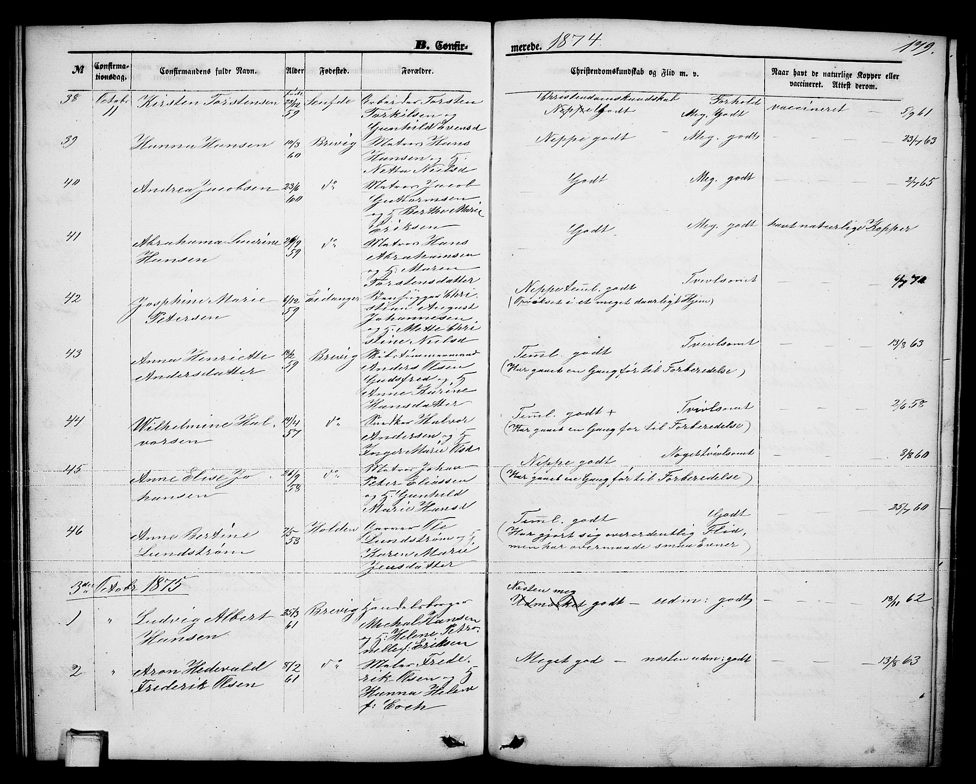 Brevik kirkebøker, AV/SAKO-A-255/G/Ga/L0003: Parish register (copy) no. 3, 1866-1881, p. 179