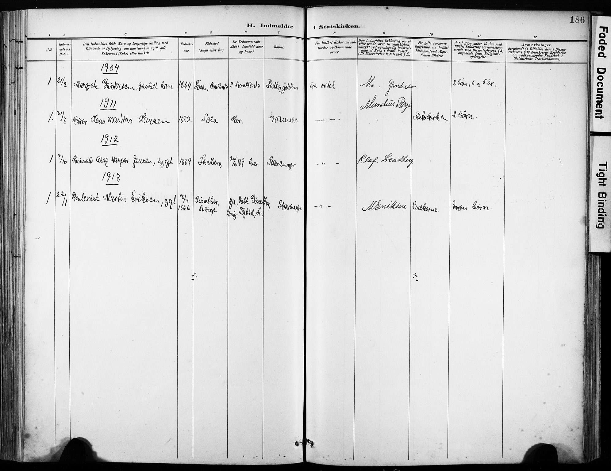 Håland sokneprestkontor, SAST/A-101802/001/30BA/L0013: Parish register (official) no. A 12, 1901-1913, p. 186