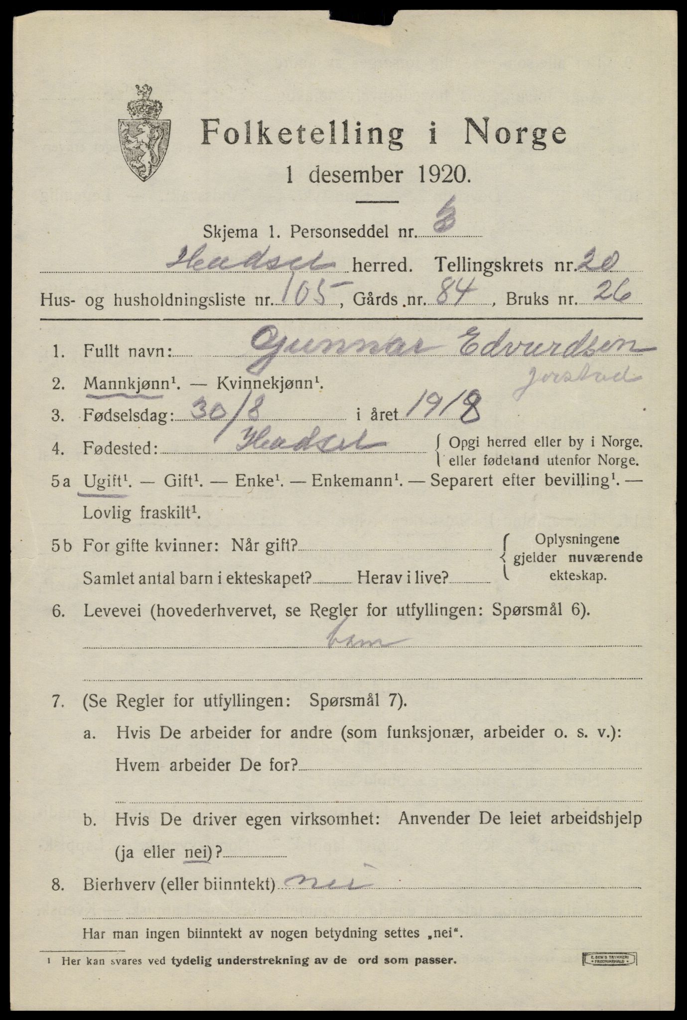 SAT, 1920 census for Hadsel, 1920, p. 19448