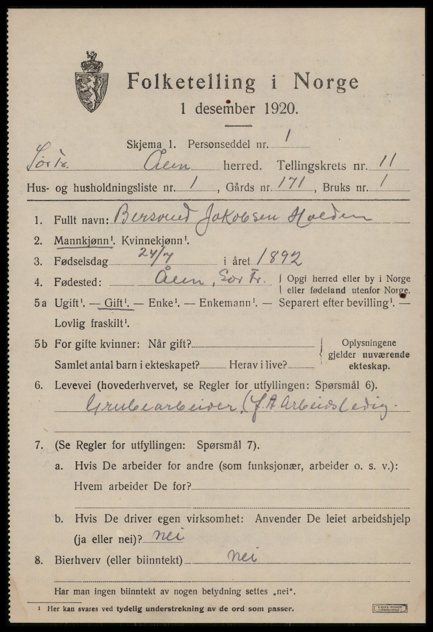 SAT, 1920 census for Ålen, 1920, p. 5162