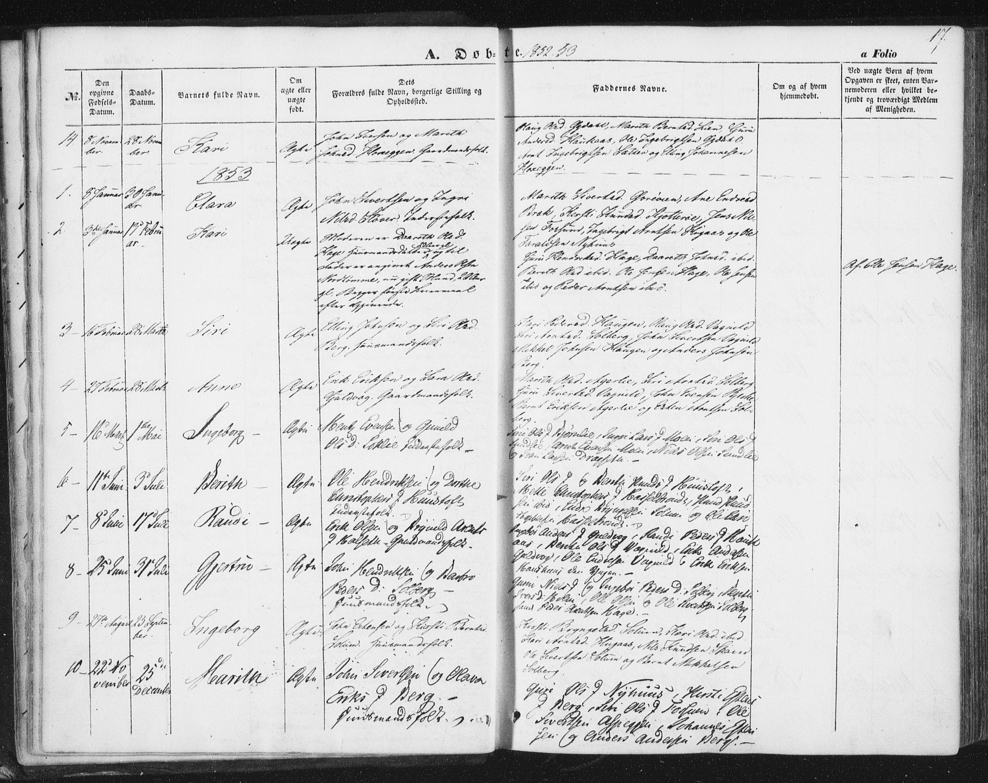 Ministerialprotokoller, klokkerbøker og fødselsregistre - Sør-Trøndelag, SAT/A-1456/689/L1038: Parish register (official) no. 689A03, 1848-1872, p. 17