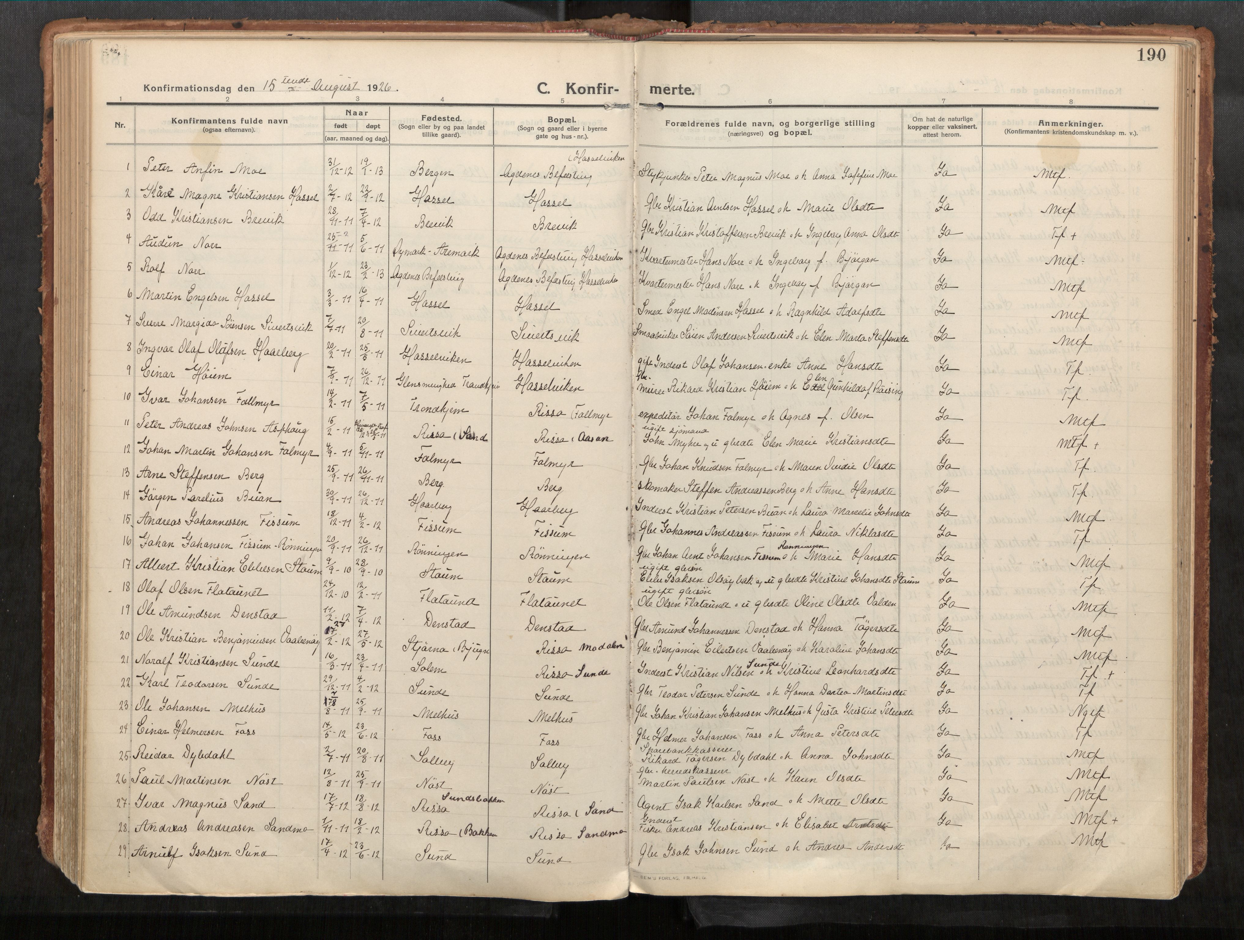 Stadsbygd sokneprestkontor, SAT/A-1117/1/I/I1/I1a/L0001: Parish register (official) no. 1, 1911-1929, p. 190