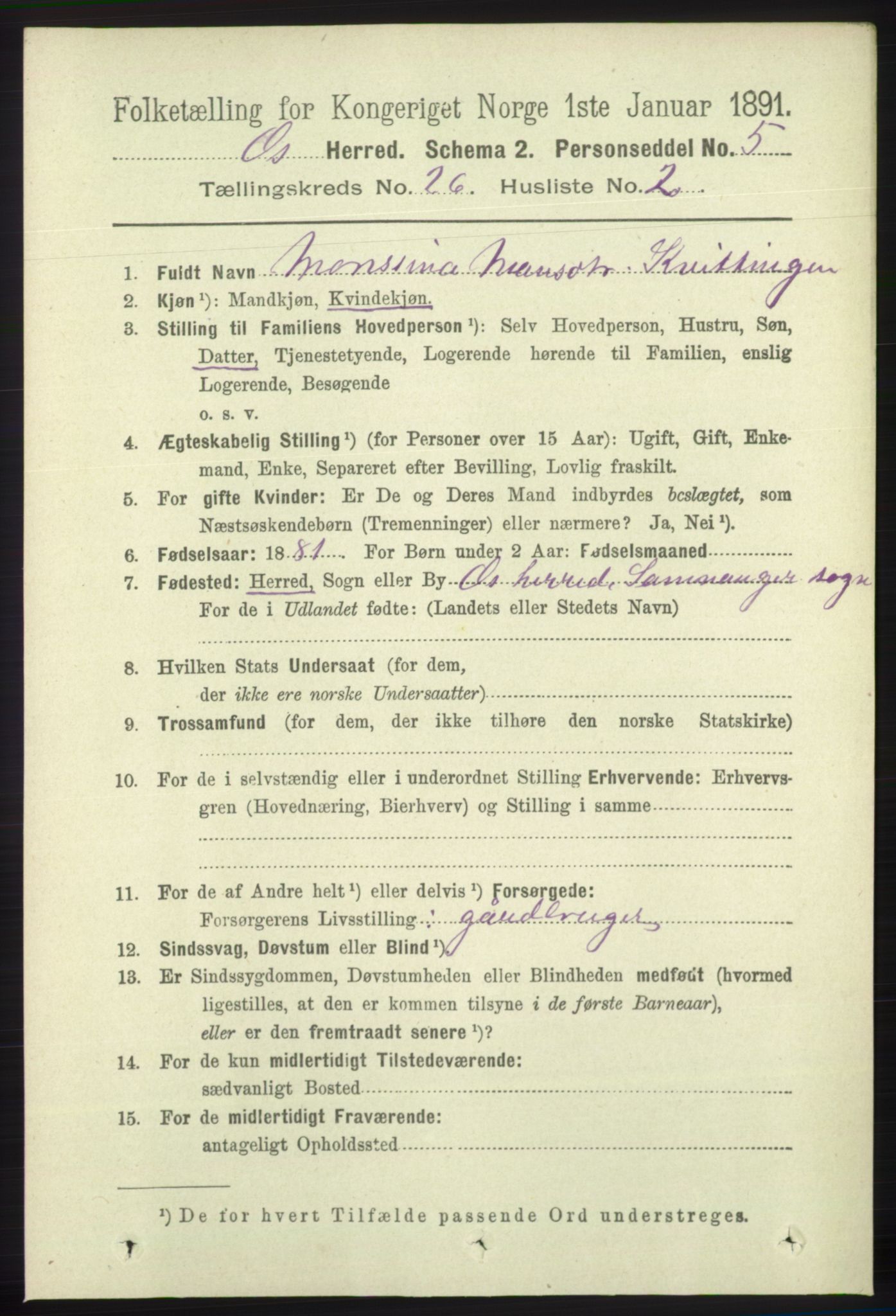 RA, 1891 census for 1243 Os, 1891, p. 5493