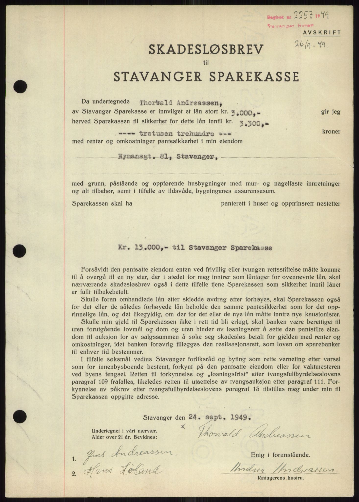 Stavanger byrett, SAST/A-100455/002/G/Gb/L0032: Mortgage book, 1947-1950, Diary no: : 2257/1949
