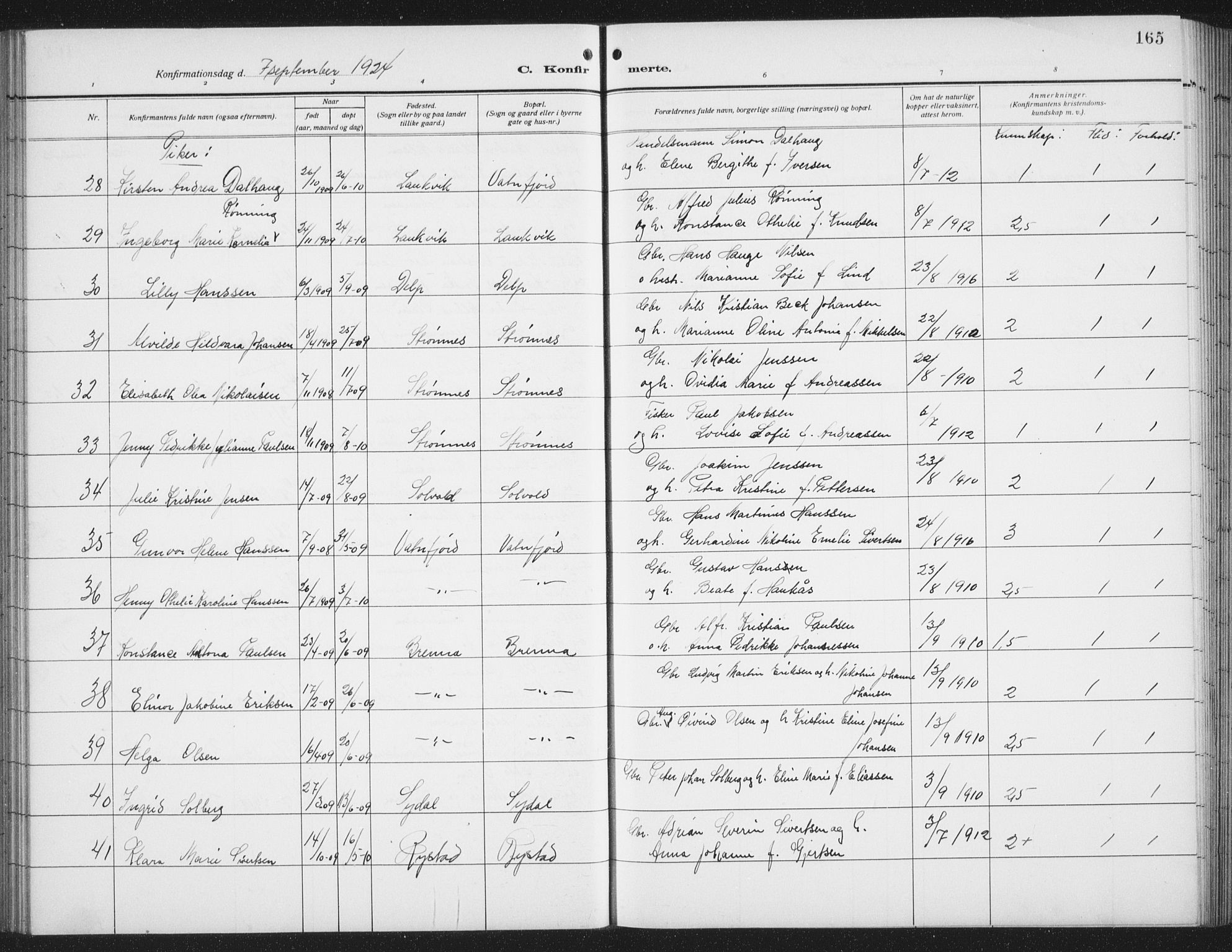 Ministerialprotokoller, klokkerbøker og fødselsregistre - Nordland, AV/SAT-A-1459/876/L1106: Parish register (copy) no. 876C05, 1915-1942, p. 165