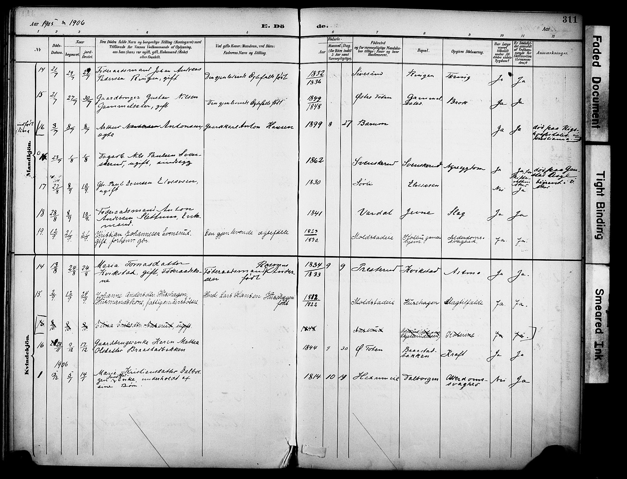 Vestre Toten prestekontor, SAH/PREST-108/H/Ha/Haa/L0013: Parish register (official) no. 13, 1895-1911, p. 311