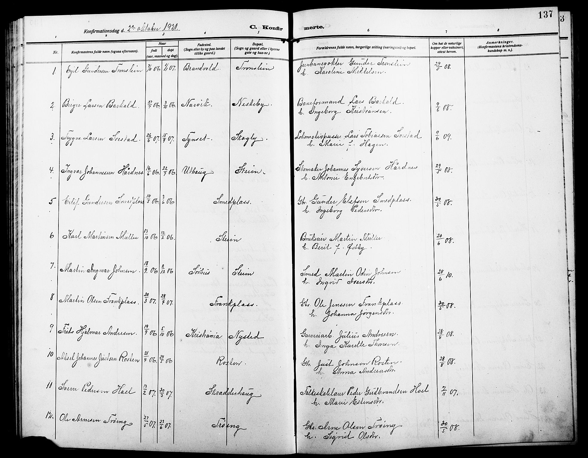 Alvdal prestekontor, SAH/PREST-060/H/Ha/Hab/L0005: Parish register (copy) no. 5, 1908-1923, p. 137