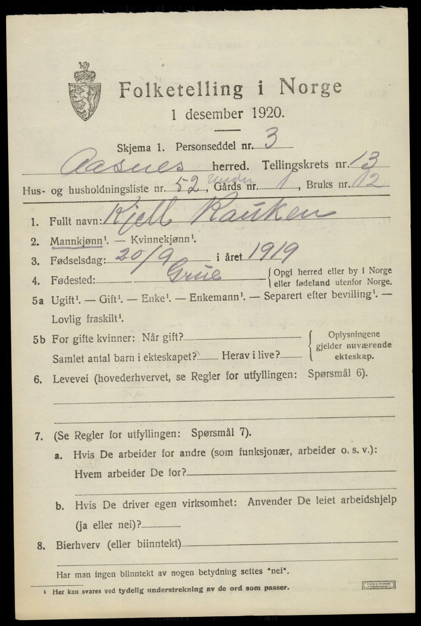 SAH, 1920 census for Åsnes, 1920, p. 13342