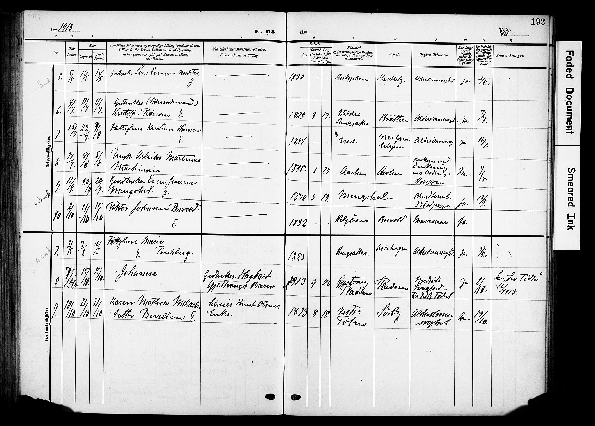 Nes prestekontor, Hedmark, SAH/PREST-020/K/Ka/L0013: Parish register (official) no. 13, 1906-1924, p. 192
