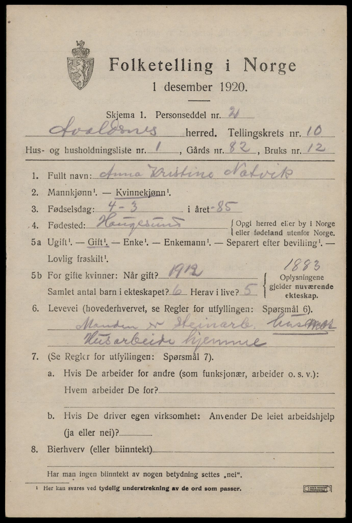 SAST, 1920 census for Avaldsnes, 1920, p. 7347