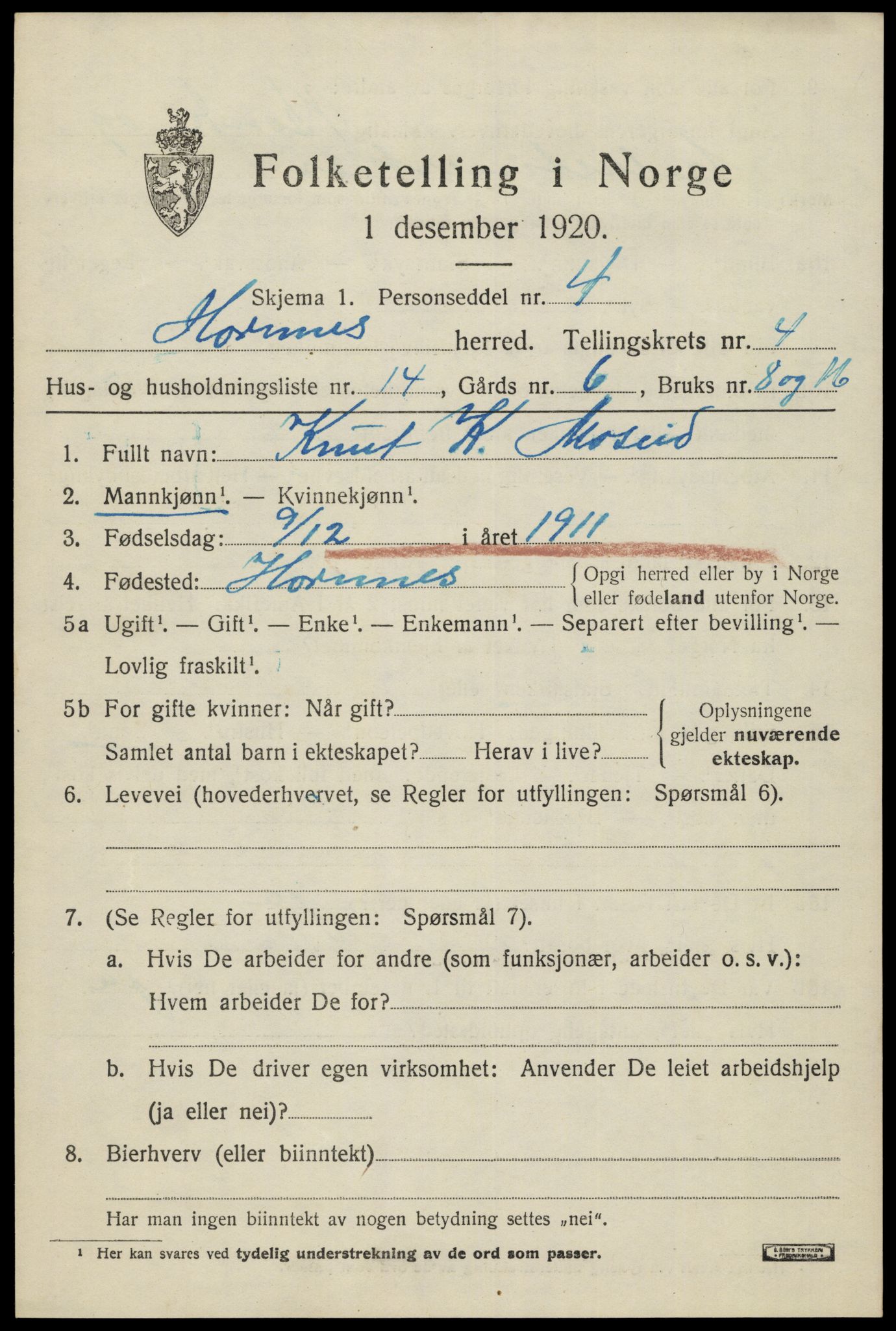 SAK, 1920 census for Hornnes, 1920, p. 1309