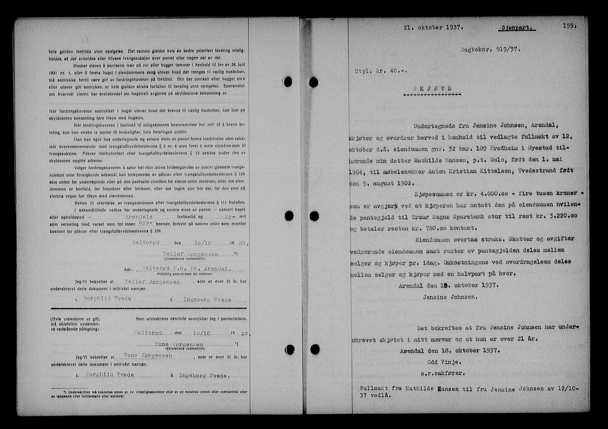 Nedenes sorenskriveri, AV/SAK-1221-0006/G/Gb/Gba/L0044: Mortgage book no. 40, 1937-1938, Diary no: : 919/1937