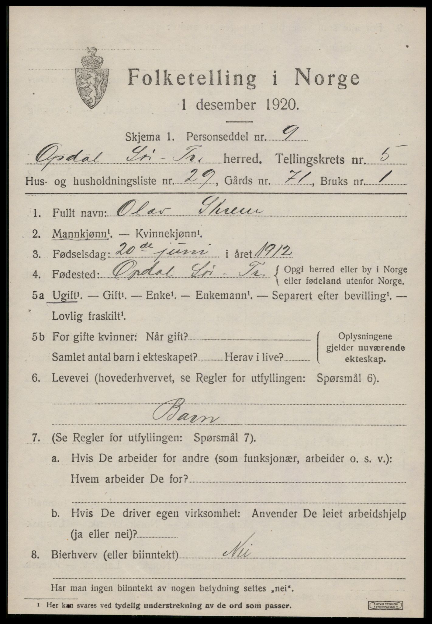 SAT, 1920 census for Oppdal, 1920, p. 5297