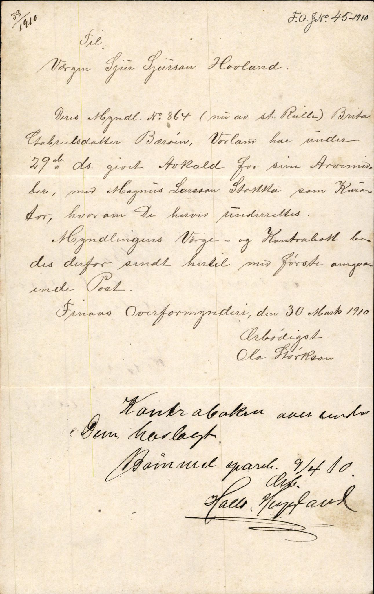 Finnaas kommune. Overformynderiet, IKAH/1218a-812/D/Da/Daa/L0002/0004: Kronologisk ordna korrespondanse / Kronologisk ordna korrespondanse, 1910-1913, p. 23