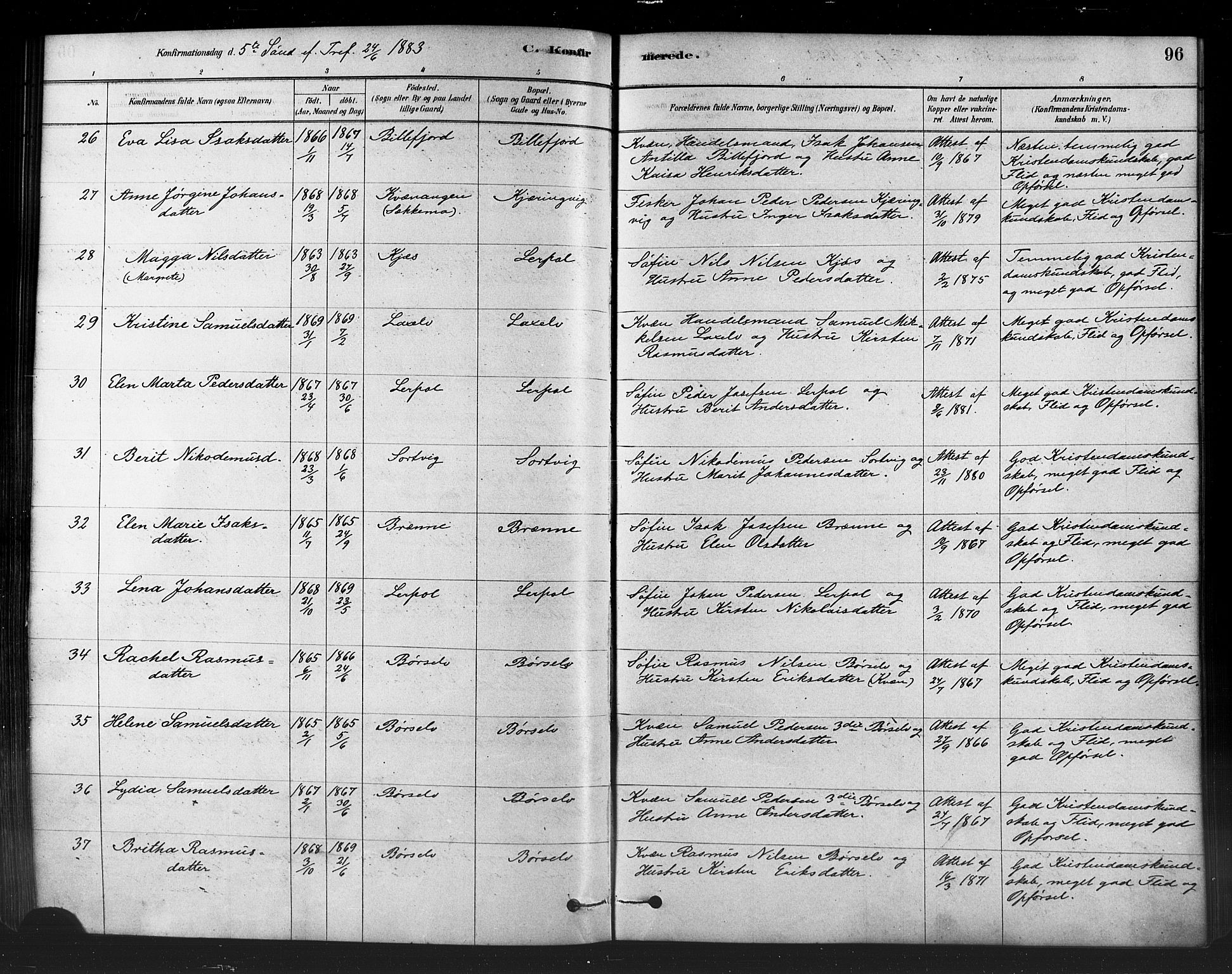 Kistrand/Porsanger sokneprestembete, AV/SATØ-S-1351/H/Ha/L0007.kirke: Parish register (official) no. 7, 1881-1889, p. 96