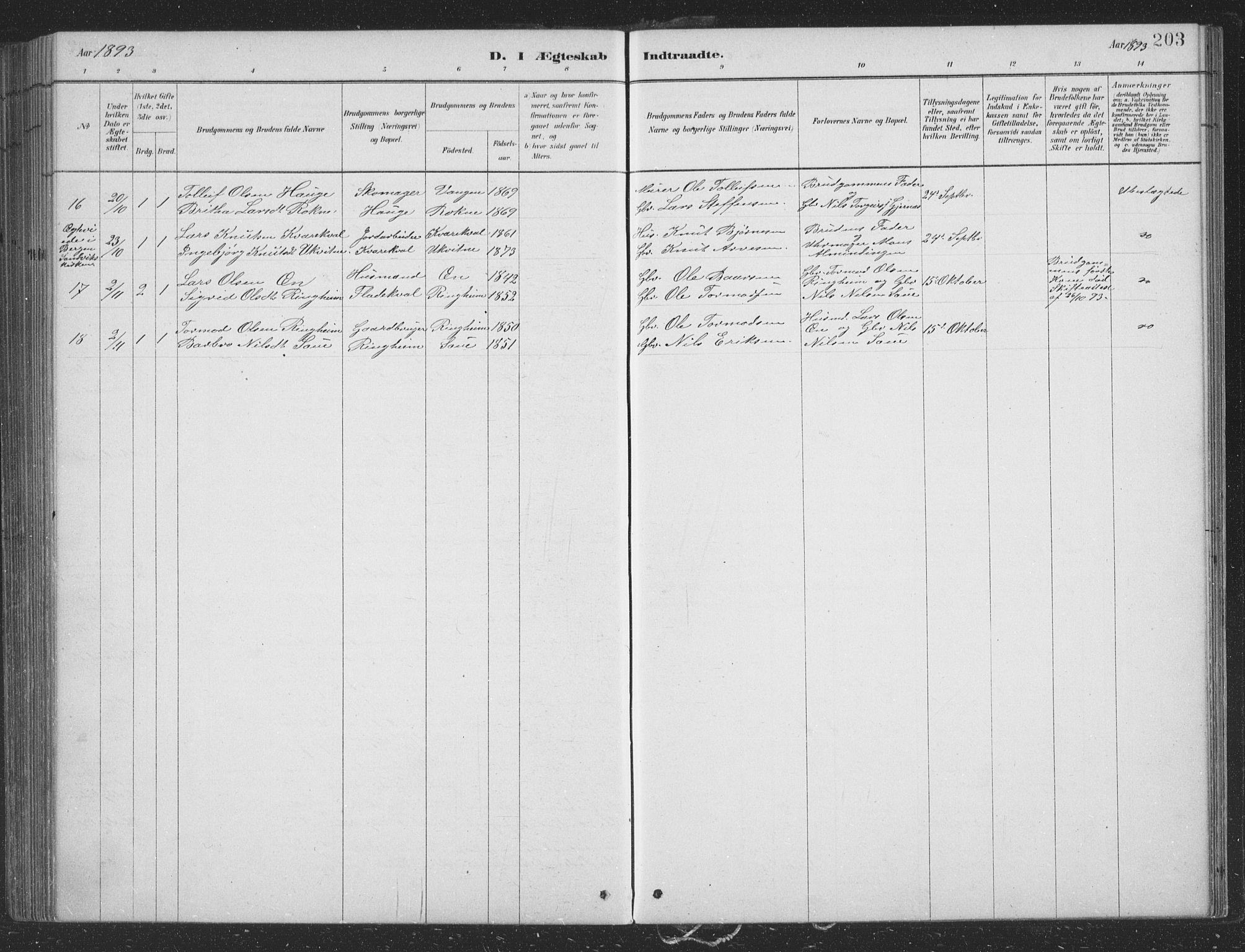 Voss sokneprestembete, AV/SAB-A-79001/H/Hab: Parish register (copy) no. B 3, 1879-1894, p. 203