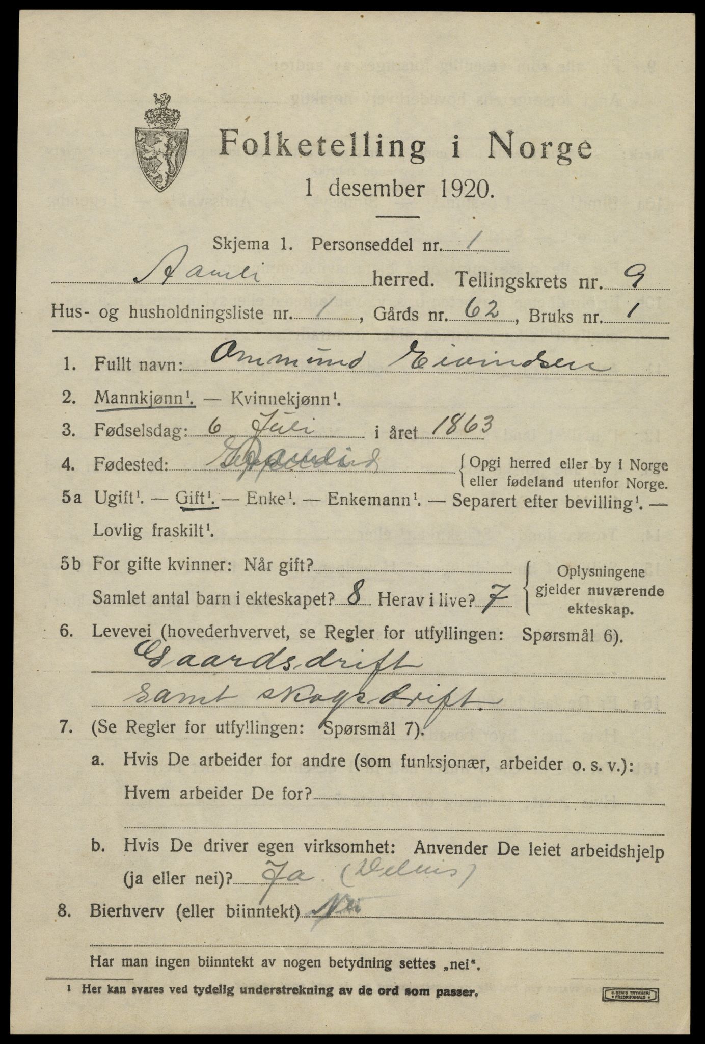 SAK, 1920 census for Åmli, 1920, p. 3469