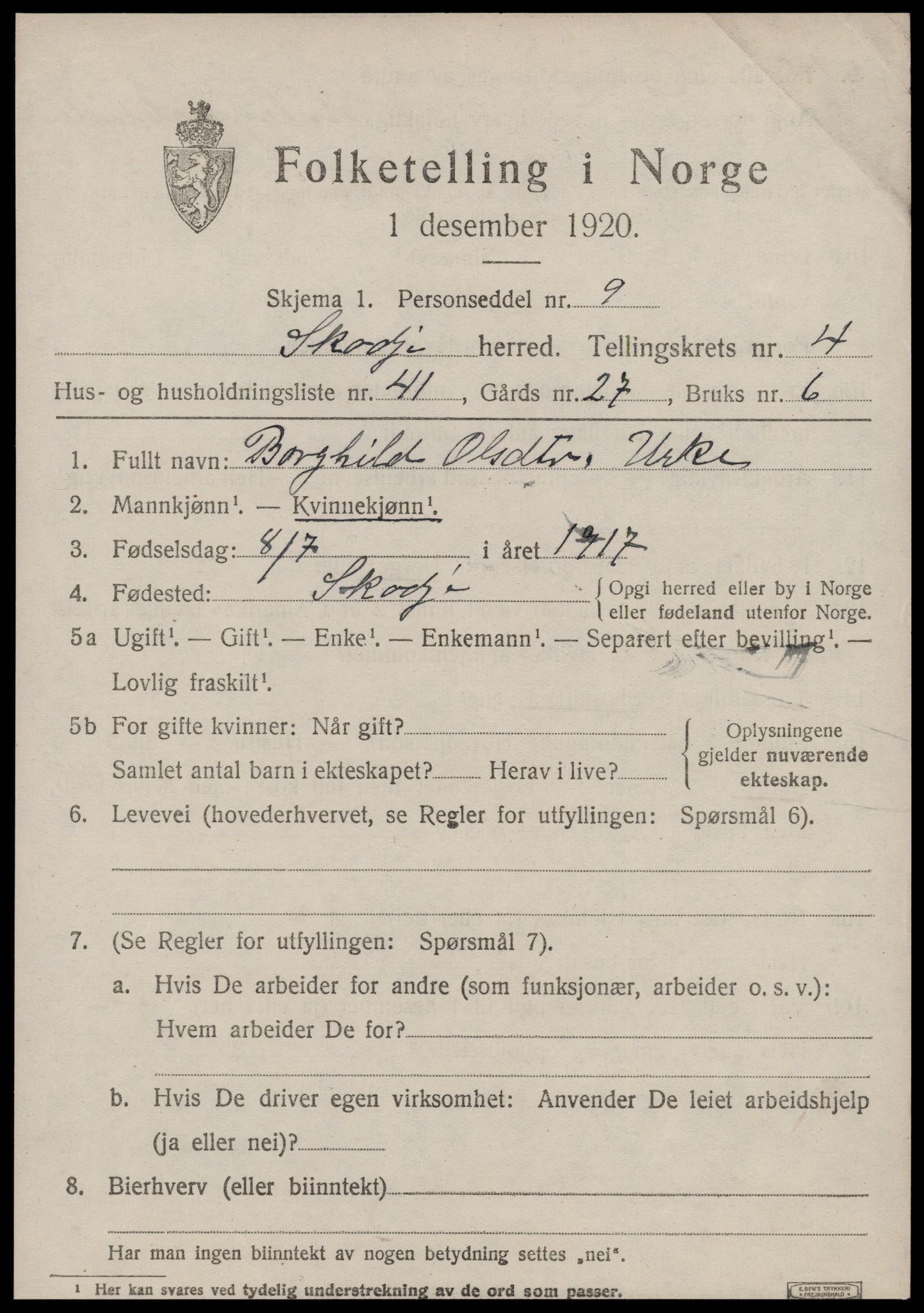 SAT, 1920 census for Skodje, 1920, p. 2293