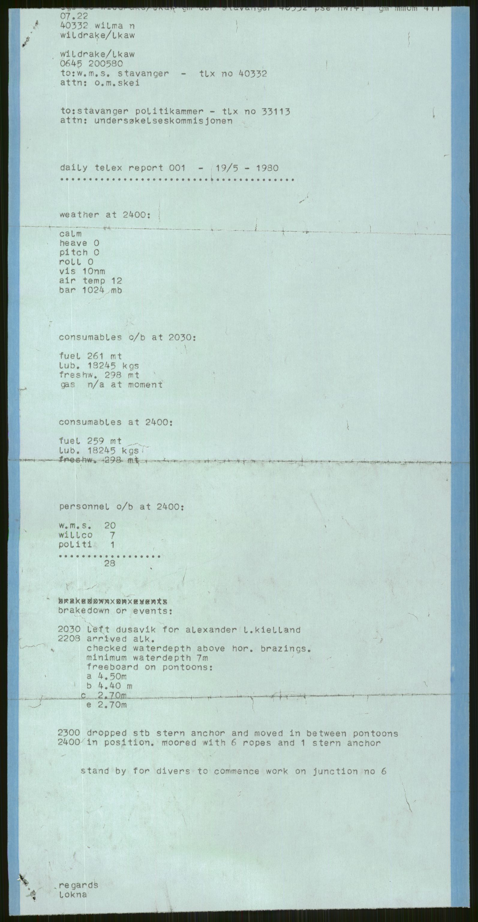 Justisdepartementet, Granskningskommisjonen ved Alexander Kielland-ulykken 27.3.1980, RA/S-1165/D/L0006: A Alexander L. Kielland (Doku.liste + A3-A6, A11-A13, A18-A20-A21, A23, A31 av 31)/Dykkerjournaler, 1980-1981, p. 543