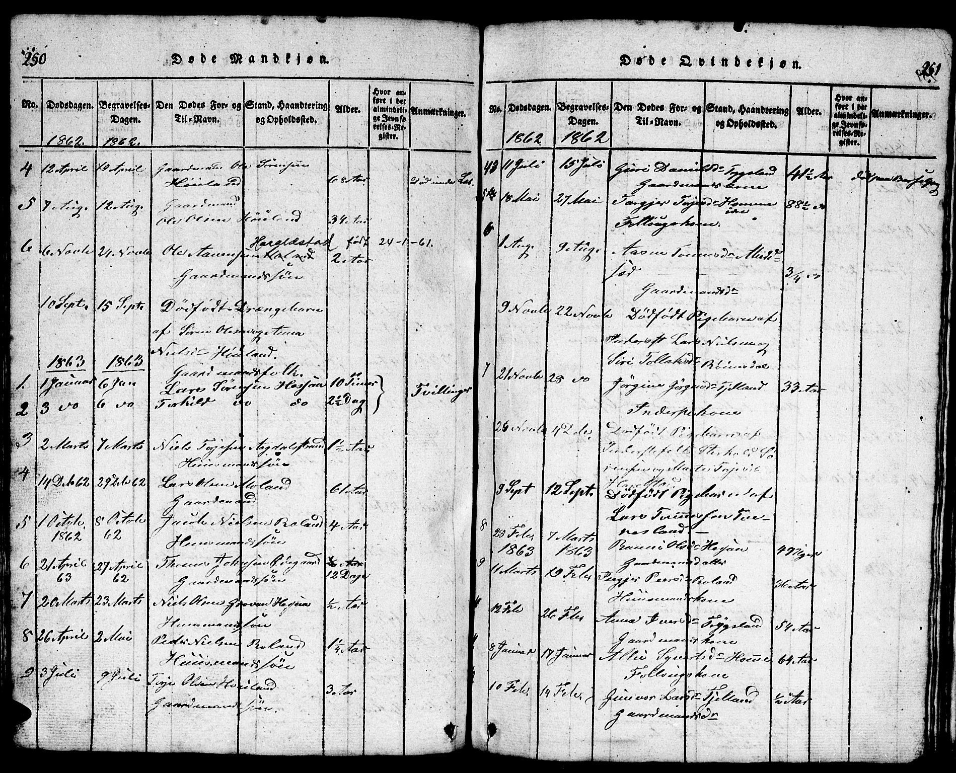 Bjelland sokneprestkontor, AV/SAK-1111-0005/F/Fb/Fba/L0003: Parish register (copy) no. B 3, 1816-1870, p. 250-251