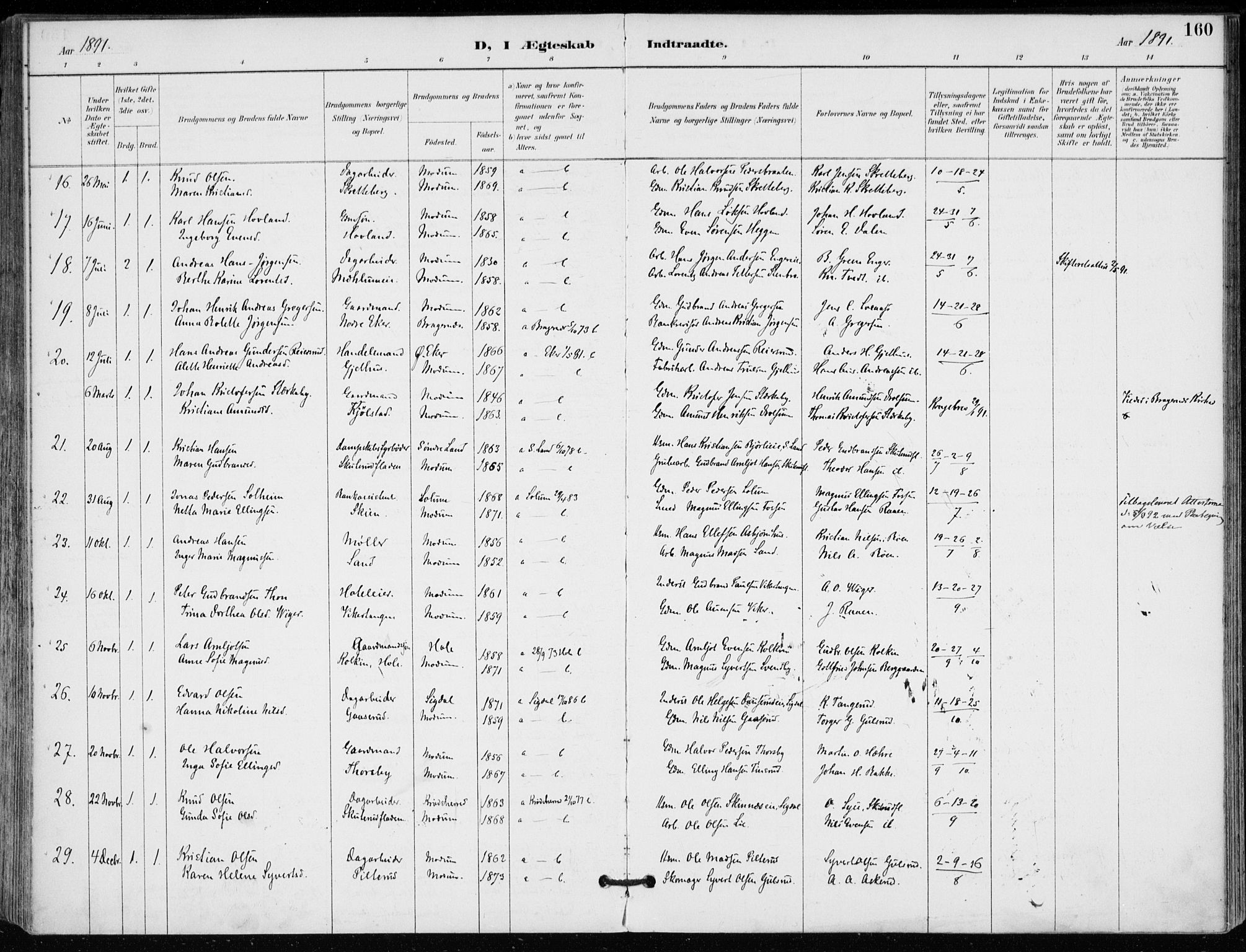 Modum kirkebøker, AV/SAKO-A-234/F/Fa/L0012: Parish register (official) no. 12, 1890-1898, p. 160