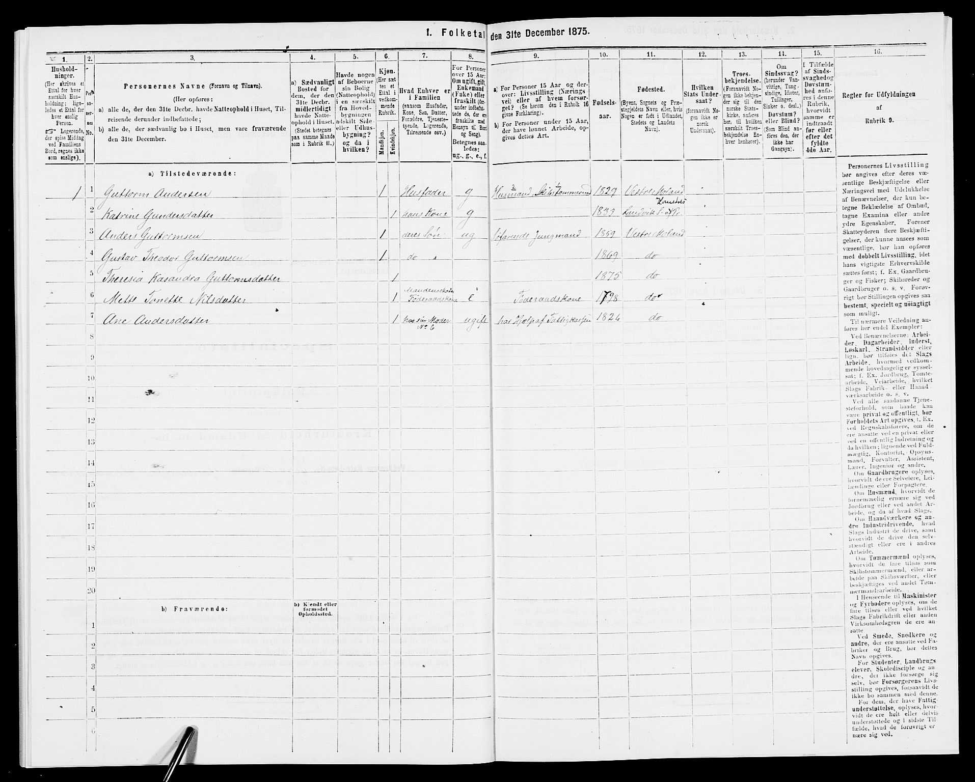 SAK, 1875 census for 0926L Vestre Moland/Vestre Moland, 1875, p. 236