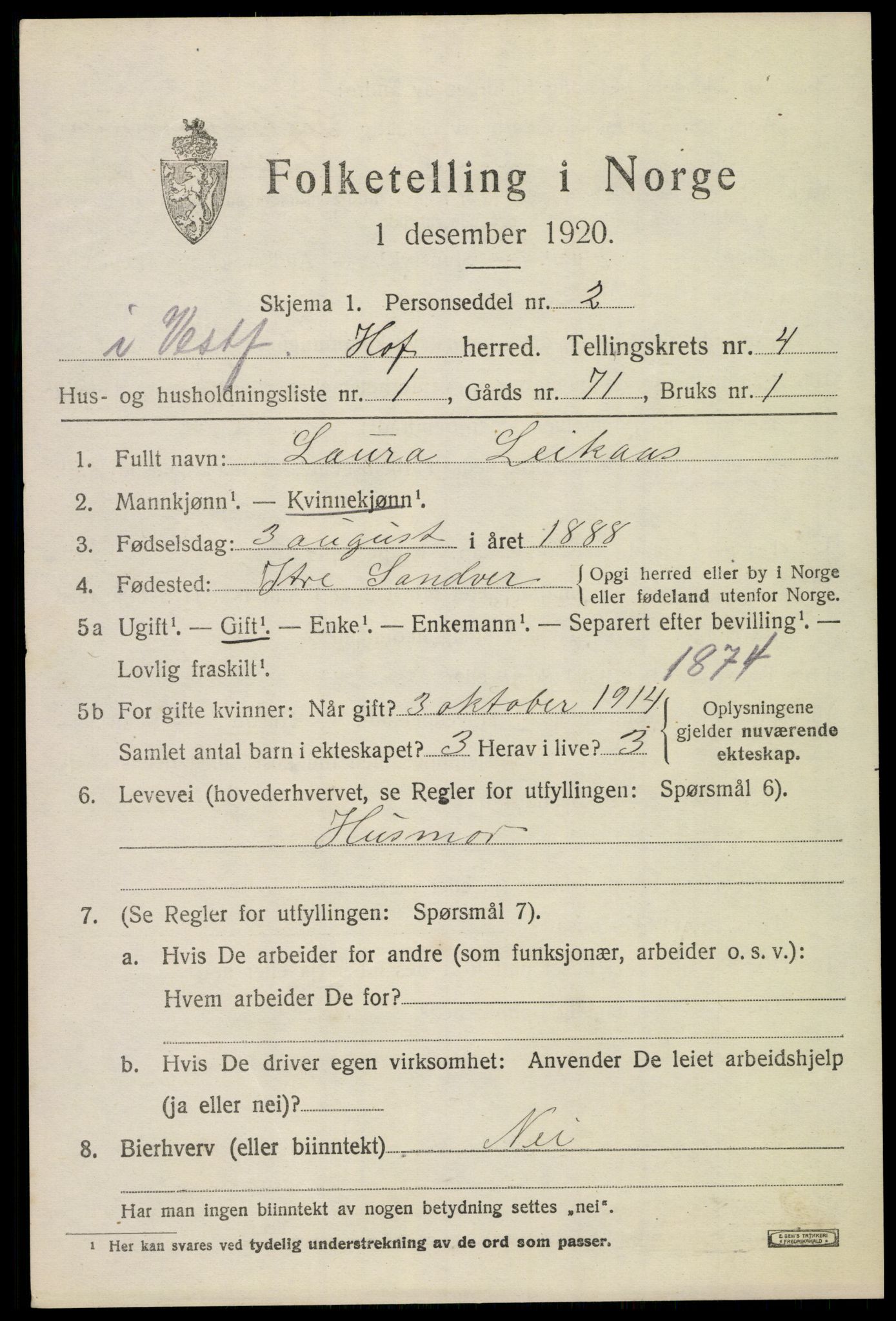 SAKO, 1920 census for Hof, 1920, p. 4869