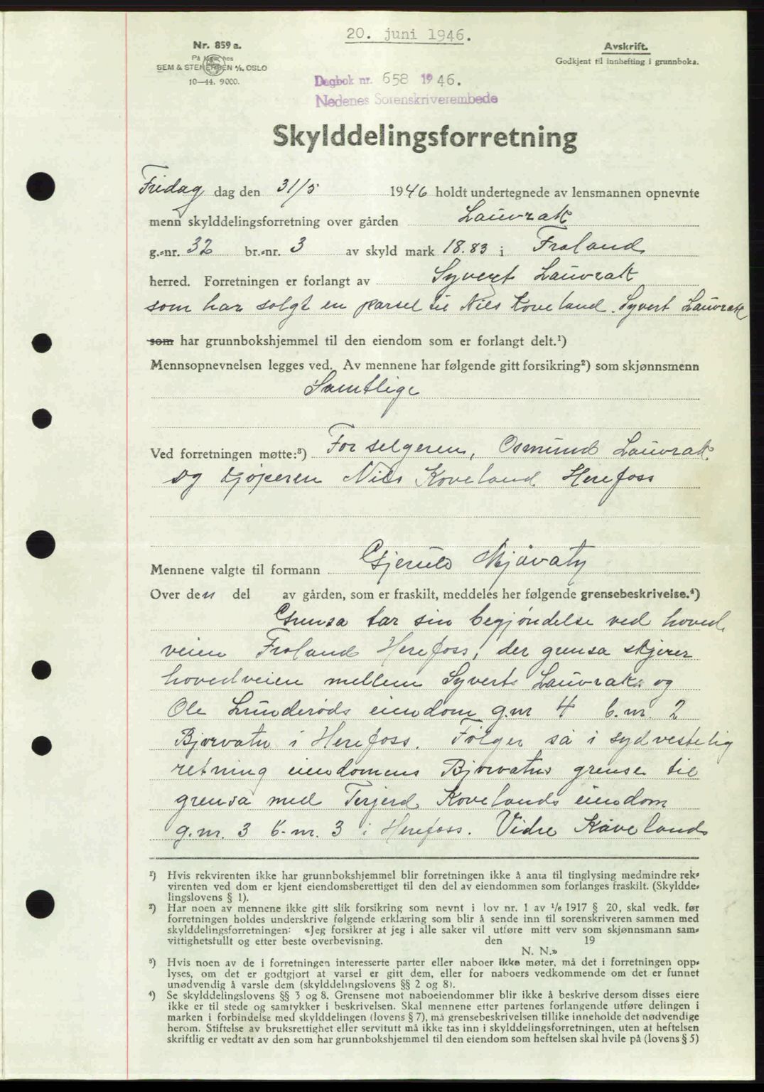 Nedenes sorenskriveri, SAK/1221-0006/G/Gb/Gba/L0055: Mortgage book no. A7, 1946-1946, Diary no: : 658/1946