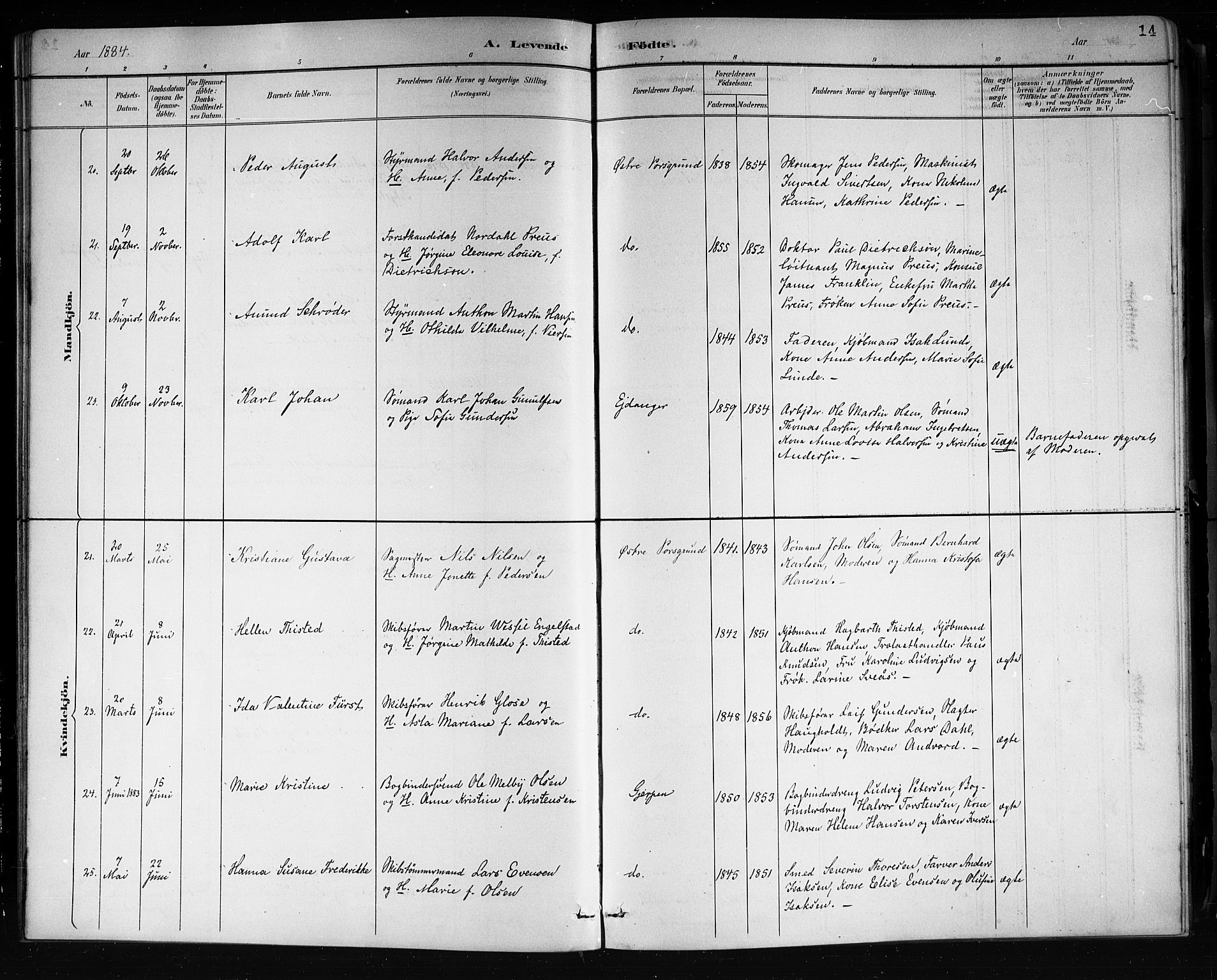 Porsgrunn kirkebøker , AV/SAKO-A-104/G/Gb/L0005: Parish register (copy) no. II 5, 1883-1915, p. 14