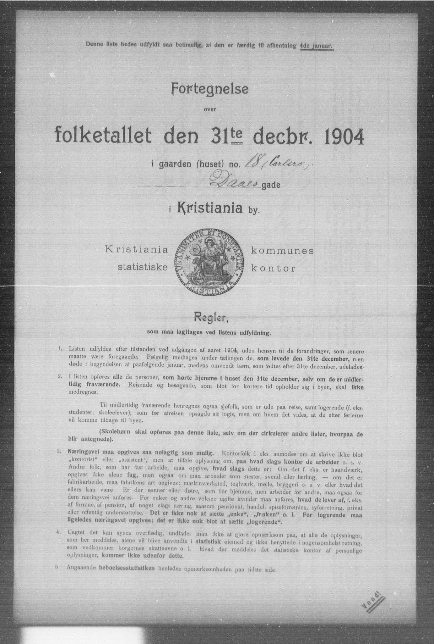 OBA, Municipal Census 1904 for Kristiania, 1904, p. 3664