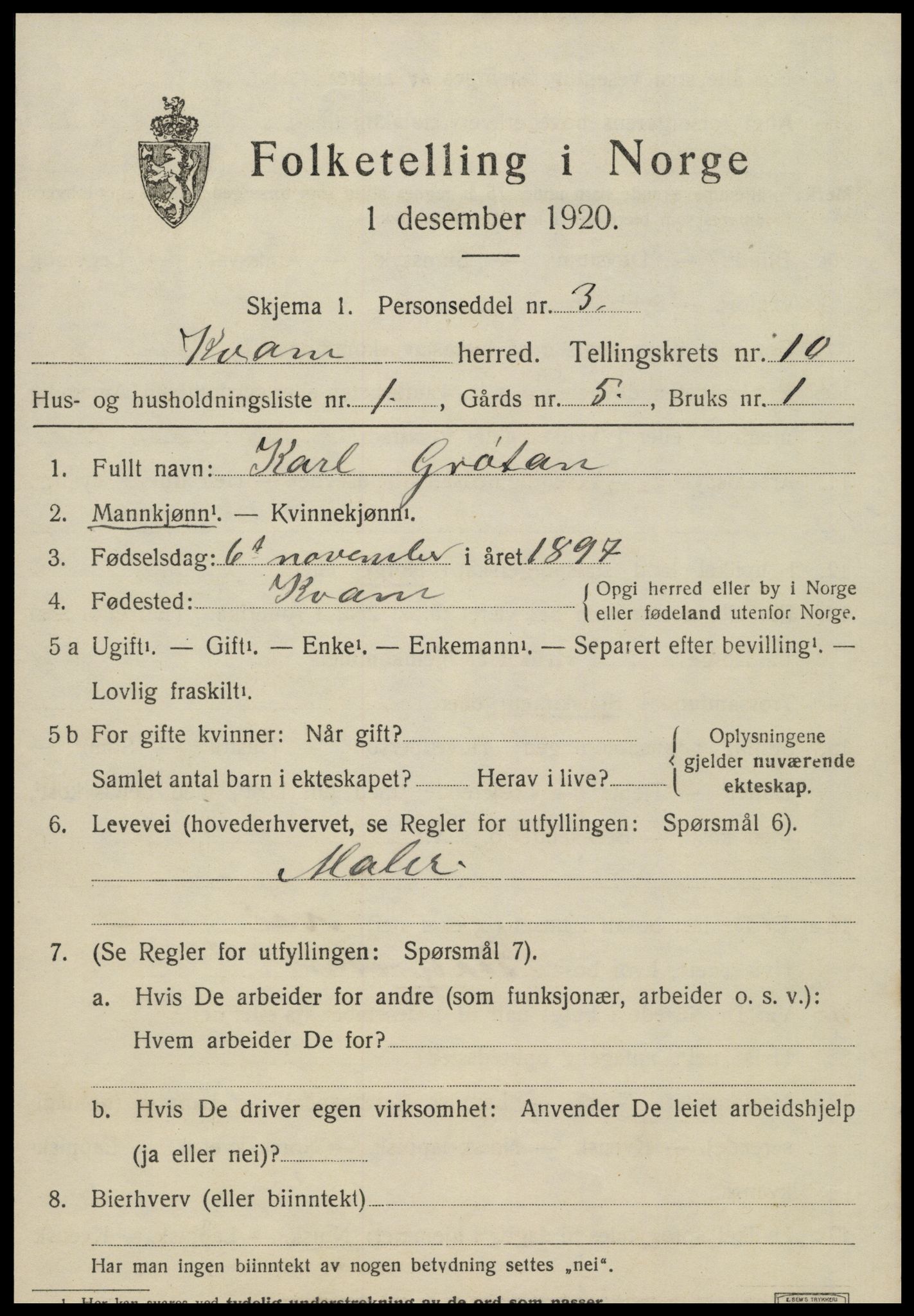 SAT, 1920 census for Kvam, 1920, p. 2519