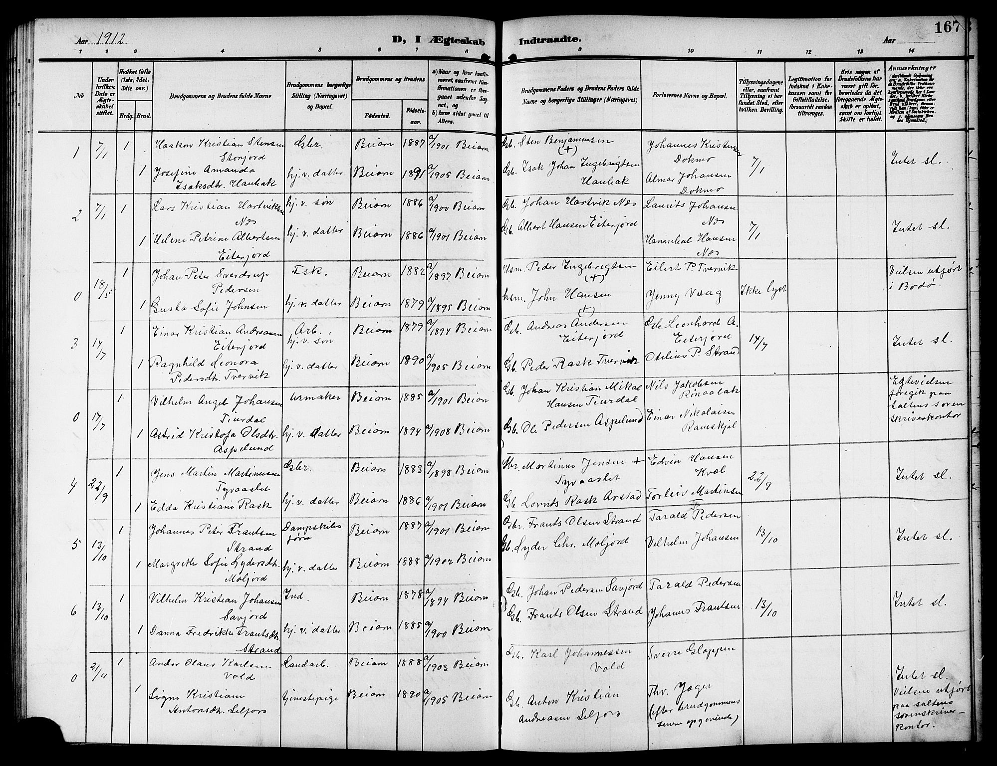 Ministerialprotokoller, klokkerbøker og fødselsregistre - Nordland, SAT/A-1459/846/L0655: Parish register (copy) no. 846C05, 1902-1916, p. 167