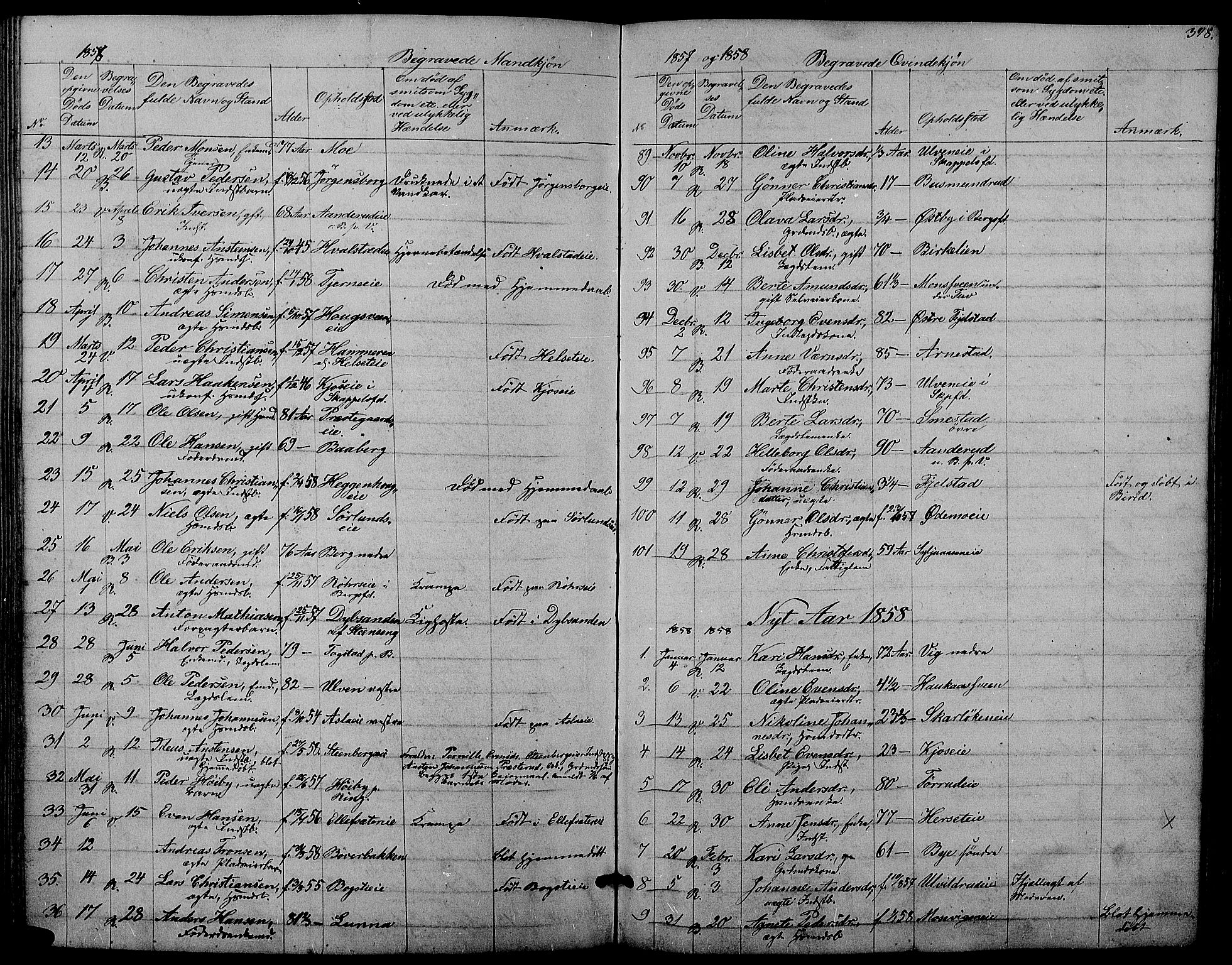 Ringsaker prestekontor, AV/SAH-PREST-014/L/La/L0006: Parish register (copy) no. 6, 1851-1860, p. 398