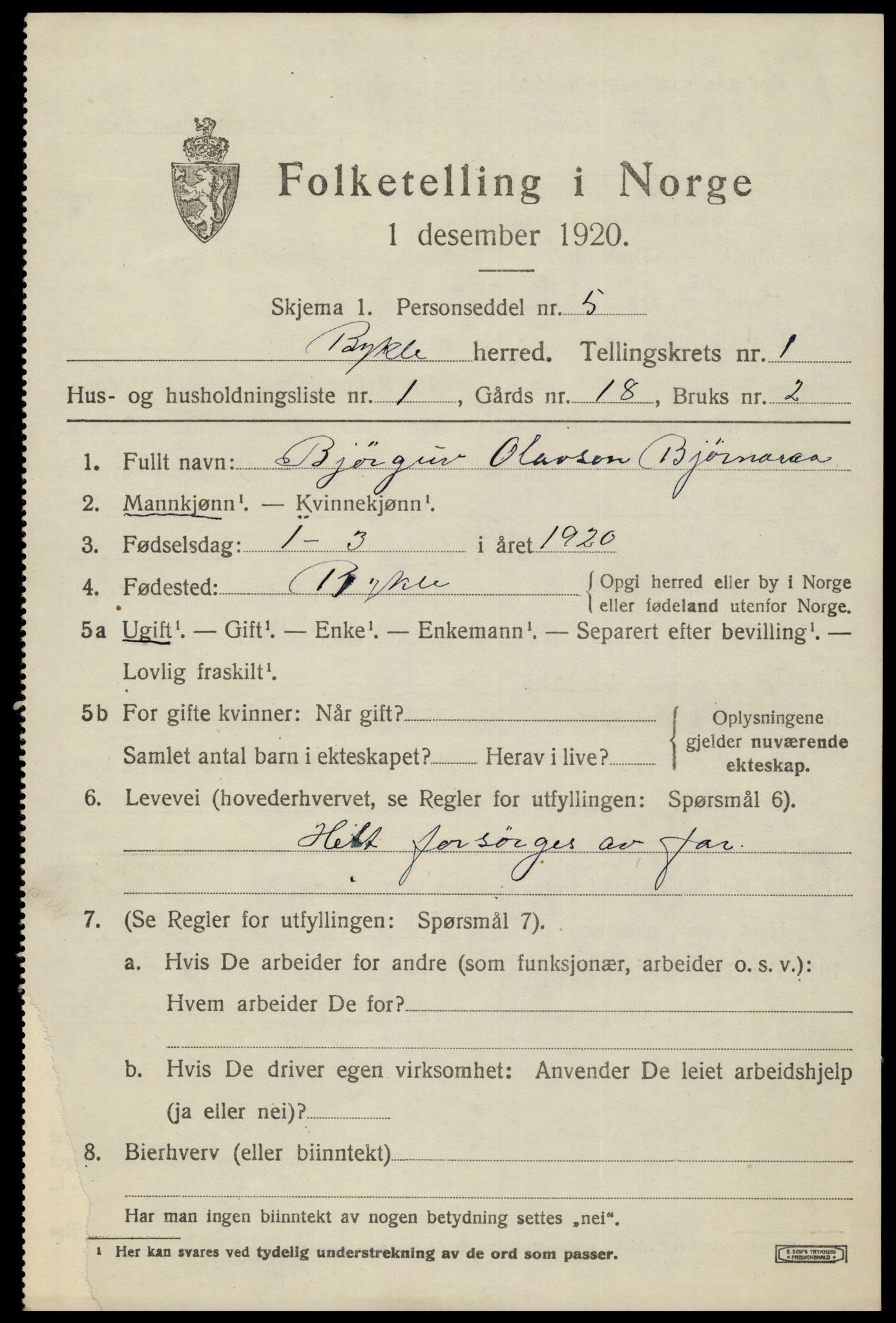 SAK, 1920 census for Bykle, 1920, p. 225