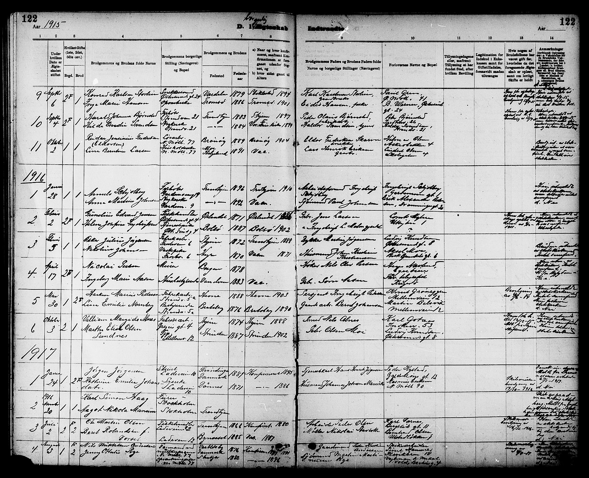 Ministerialprotokoller, klokkerbøker og fødselsregistre - Sør-Trøndelag, AV/SAT-A-1456/605/L0255: Parish register (copy) no. 605C02, 1908-1918, p. 122