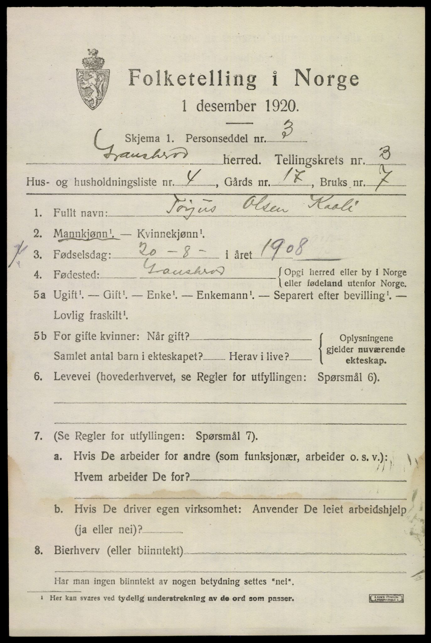 SAKO, 1920 census for Gransherad, 1920, p. 1442