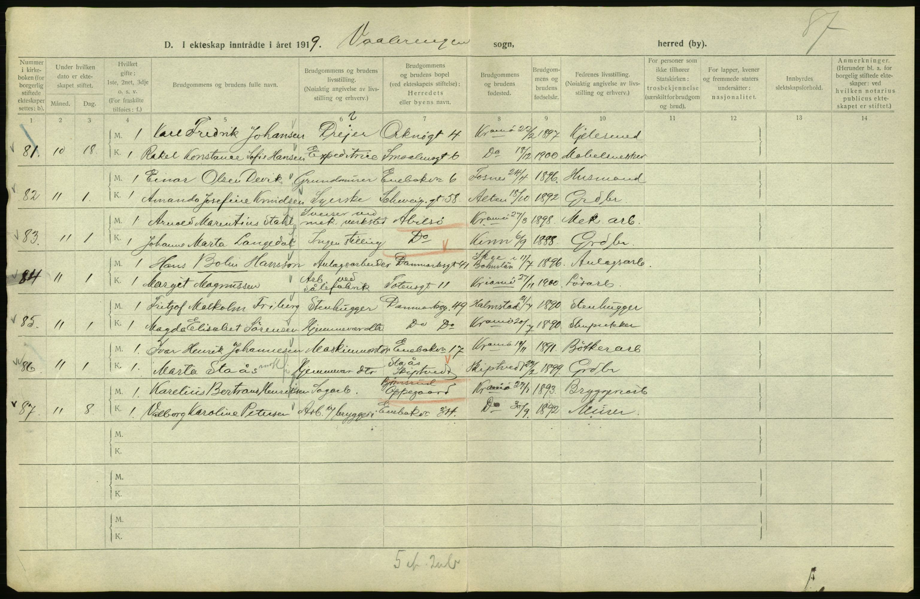 Statistisk sentralbyrå, Sosiodemografiske emner, Befolkning, AV/RA-S-2228/D/Df/Dfb/Dfbi/L0009: Kristiania: Gifte, 1919, p. 820