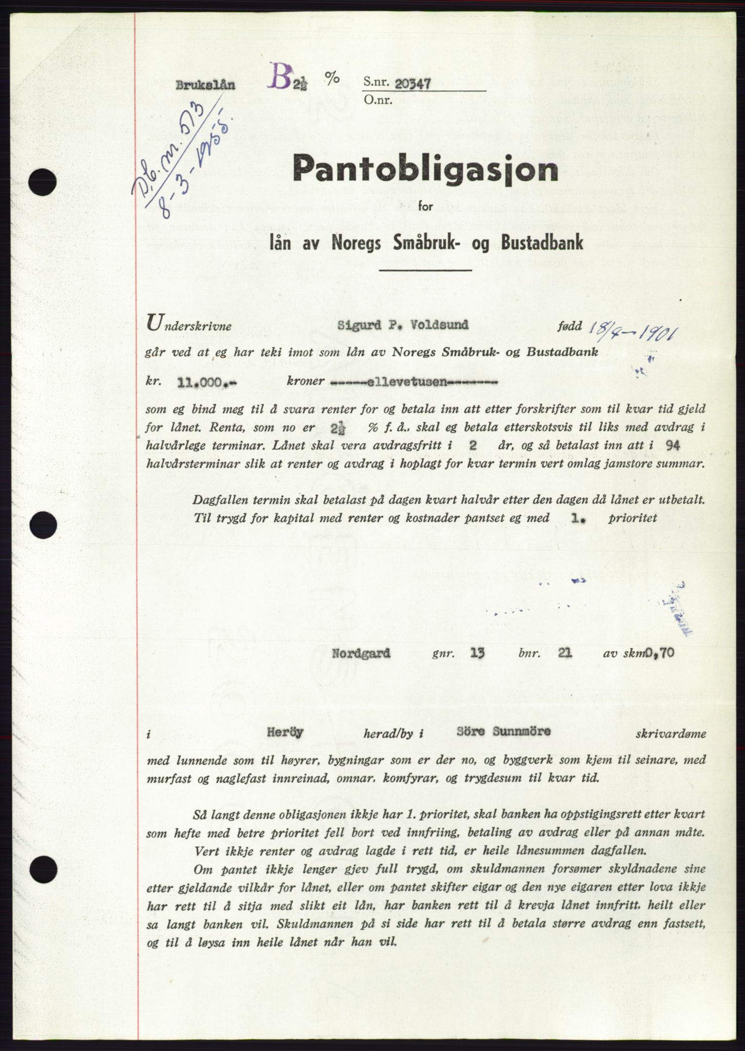 Søre Sunnmøre sorenskriveri, AV/SAT-A-4122/1/2/2C/L0126: Mortgage book no. 14B, 1954-1955, Diary no: : 513/1955