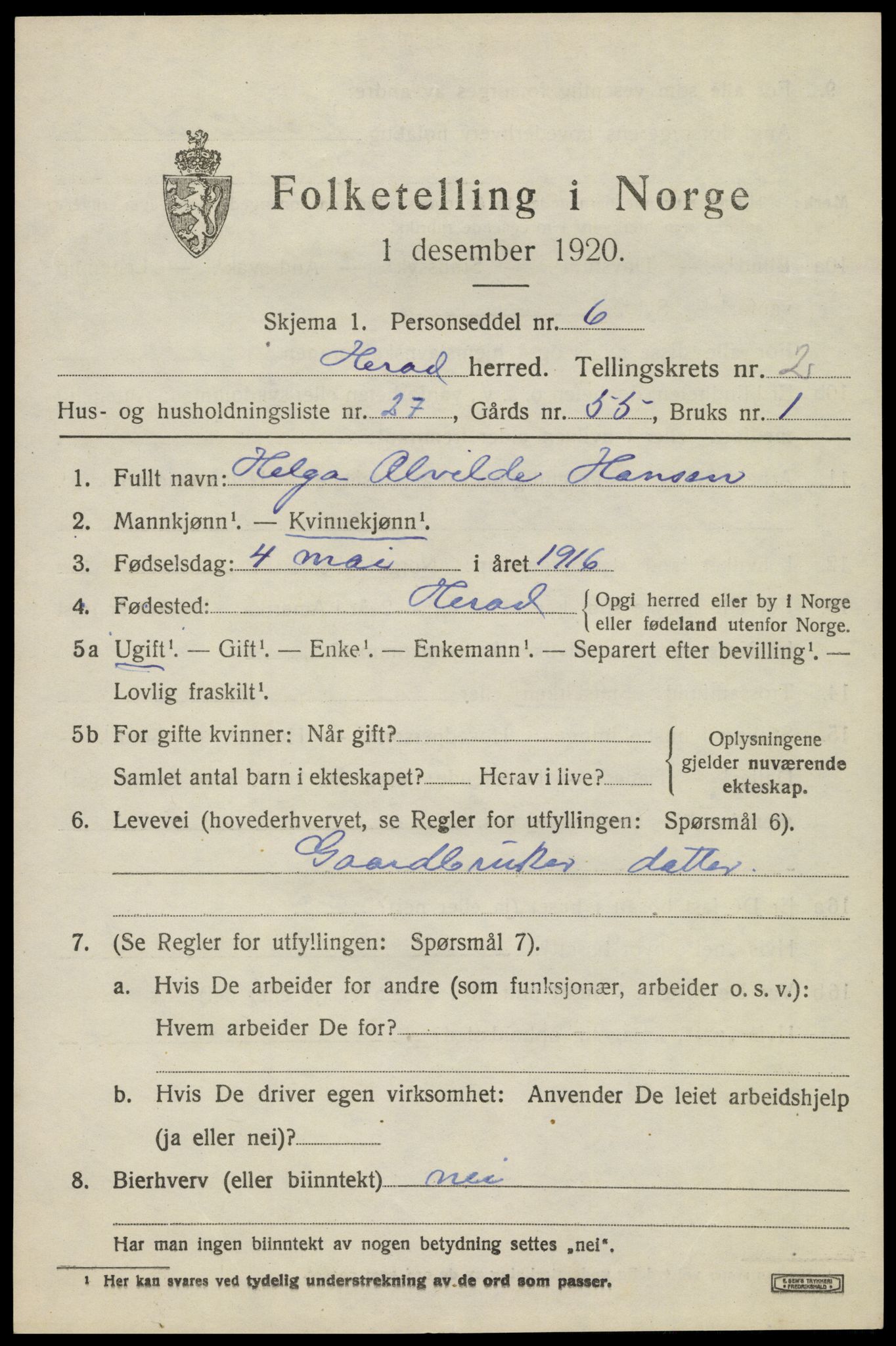 SAK, 1920 census for Herad, 1920, p. 1318