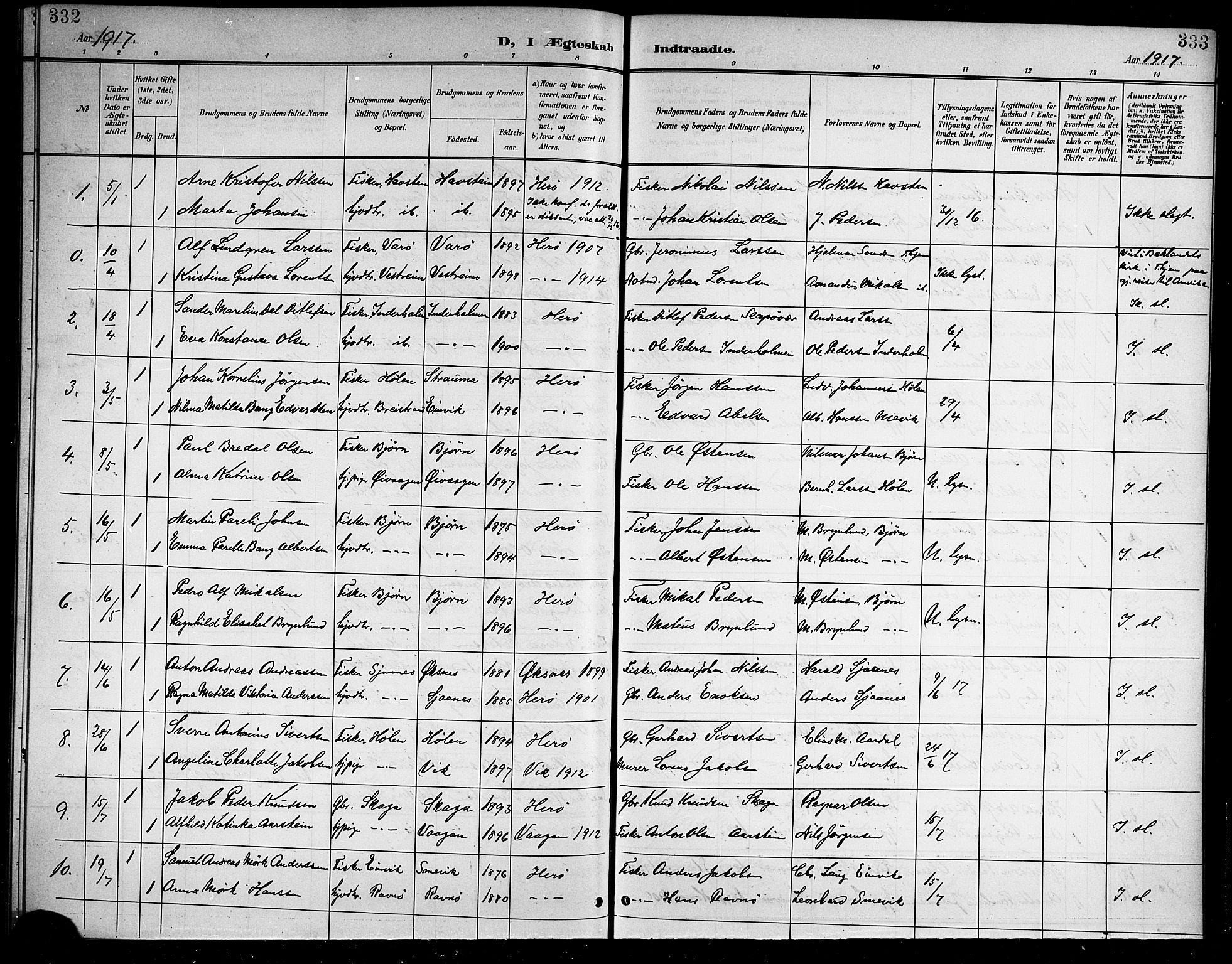 Ministerialprotokoller, klokkerbøker og fødselsregistre - Nordland, SAT/A-1459/834/L0516: Parish register (copy) no. 834C06, 1902-1918, p. 332-333