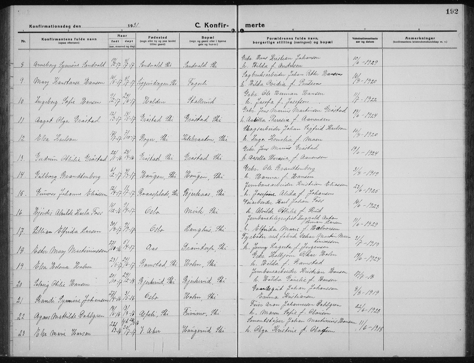 Kråkstad prestekontor Kirkebøker, AV/SAO-A-10125a/G/Gb/L0002: Parish register (copy) no. II 2, 1921-1941, p. 192